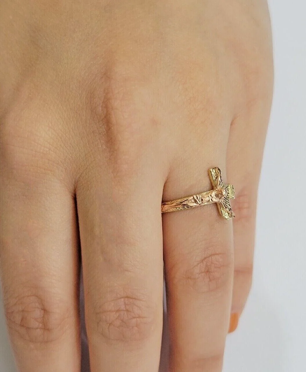 Ladies Ring 10k Yellow Rose Gold Jesus Cross REAL Crucifix Unique Band For SALE - Image 3