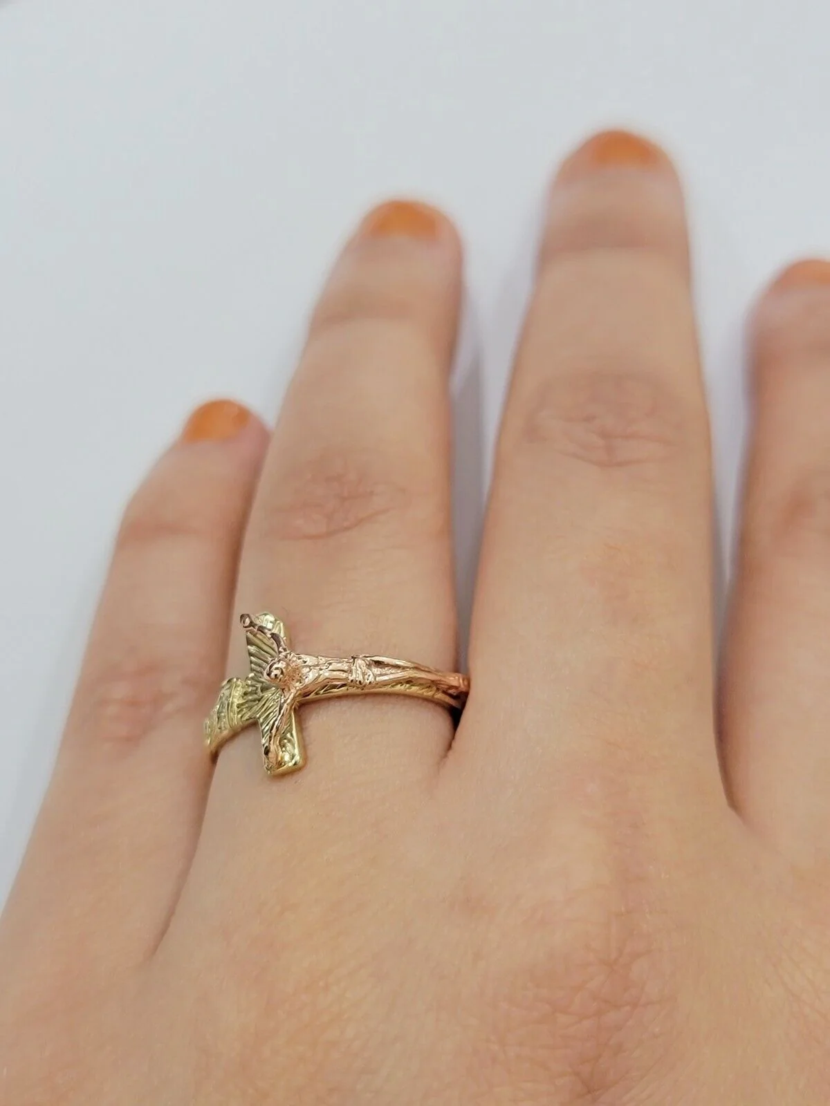 Ladies Ring 10k Yellow Rose Gold Jesus Cross REAL Crucifix Unique Band For SALE - Image 7