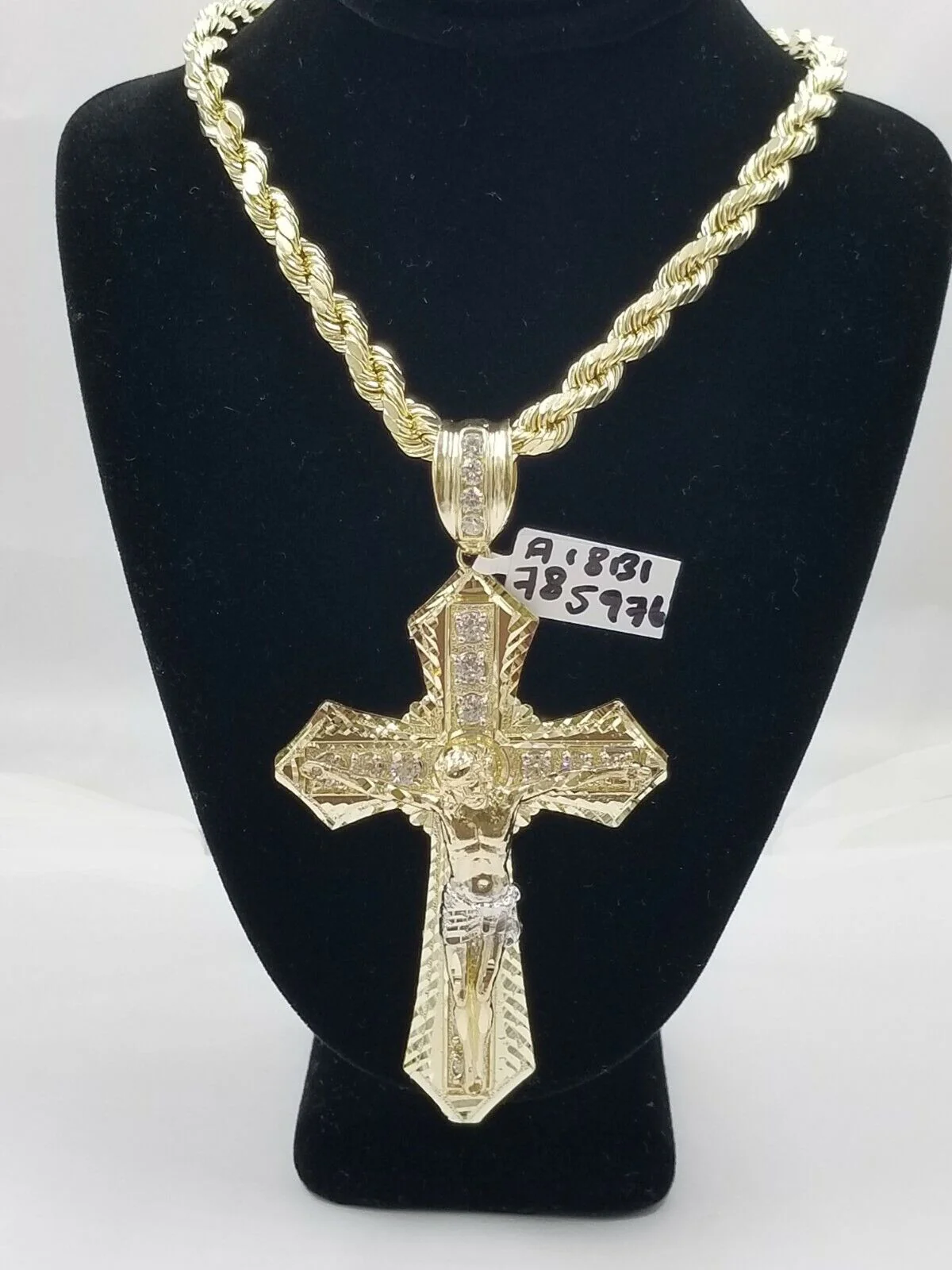 Men 10k Real Yellow Gold Rope Chain 24" Crucifix Cross Charm Diamond cut Set - Image 2