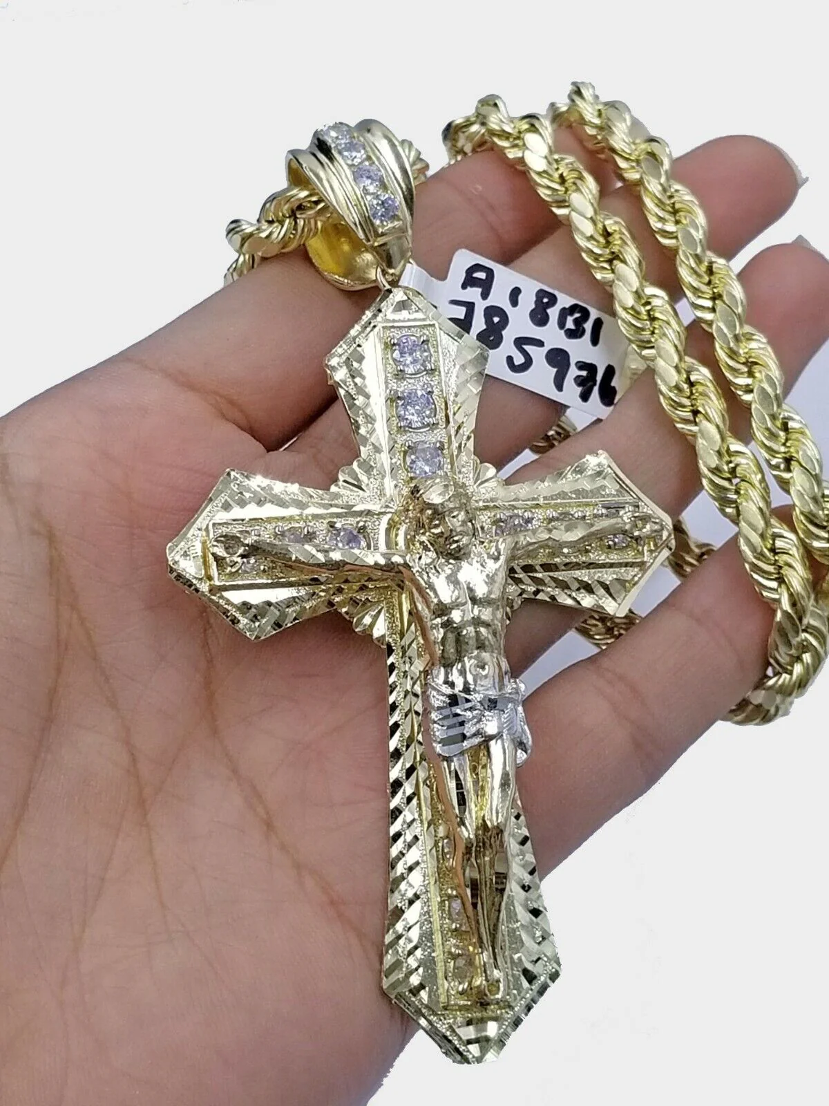 Men 10k Real Yellow Gold Rope Chain 24" Crucifix Cross Charm Diamond cut Set - Image 7