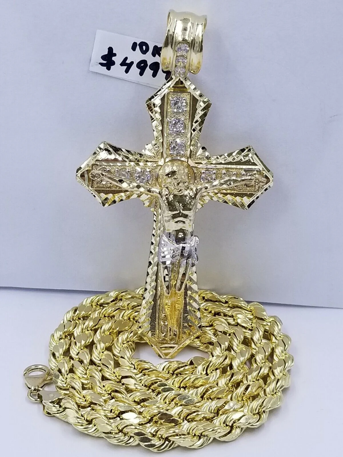 Men 10k Real Yellow Gold Rope Chain 26" Crucifix Cross Charm Diamond cut Set - Image 5