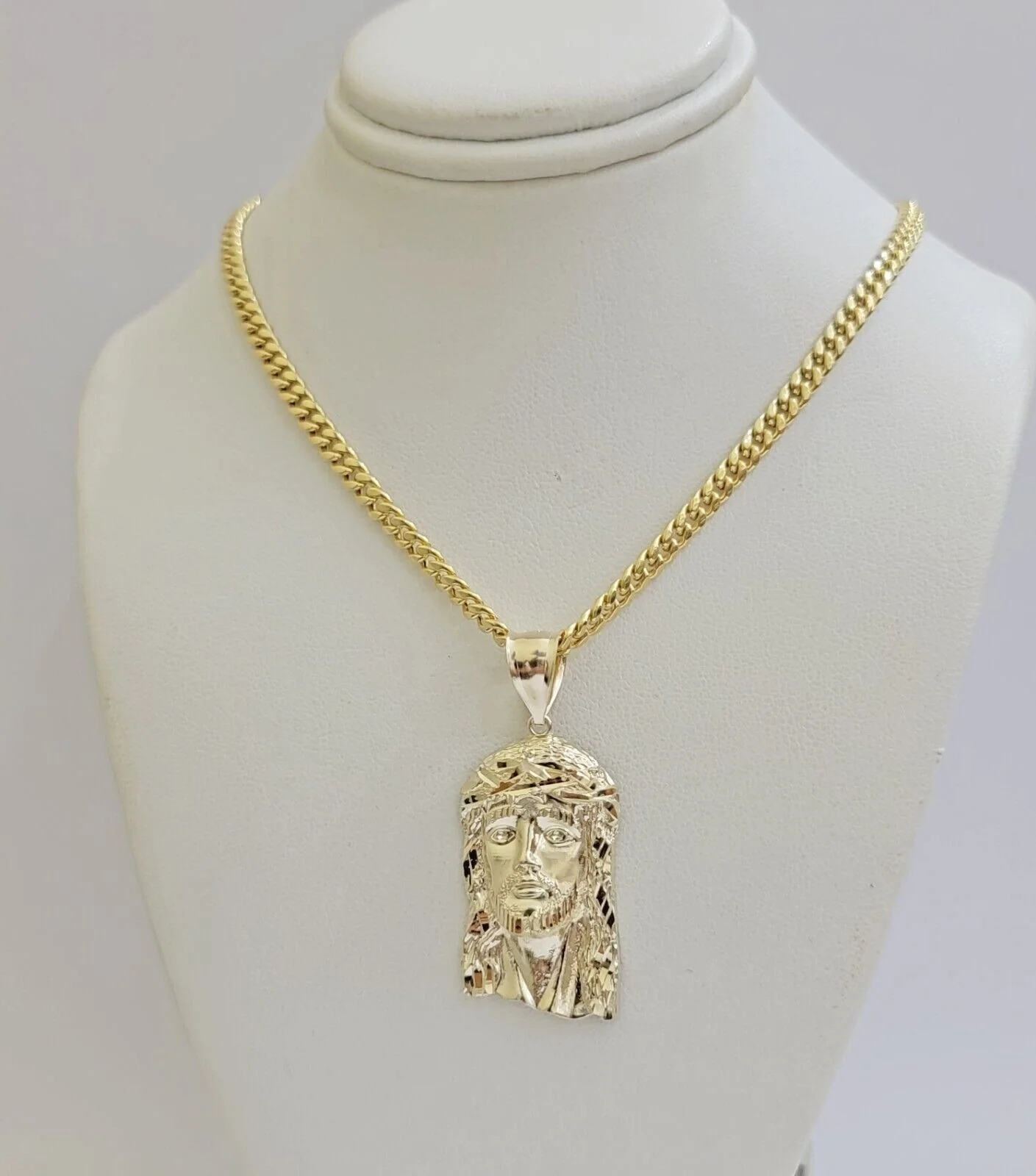 Mens 10k Gold Chain Necklace Charm Pendant SET 4mm Miami Cuban Link, Jesus Face