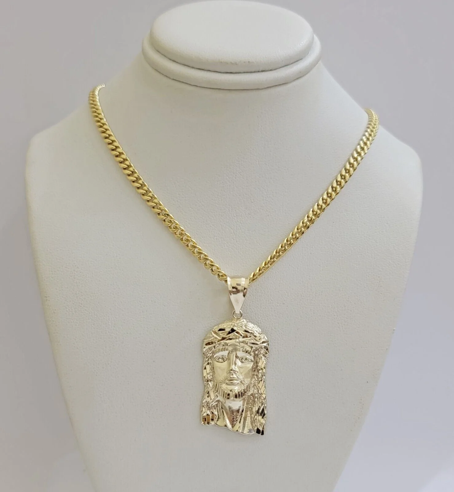 Mens 10k Gold Chain Necklace Charm Pendant SET 4mm Miami Cuban Link, Jesus Face - Image 4