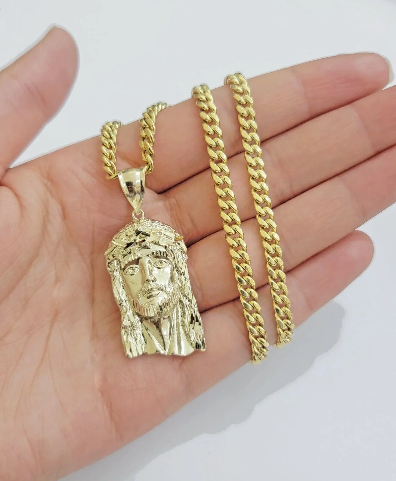 Mens 10k Gold Chain Necklace Charm Pendant SET 4mm Miami Cuban Link, Jesus Face - Image 5