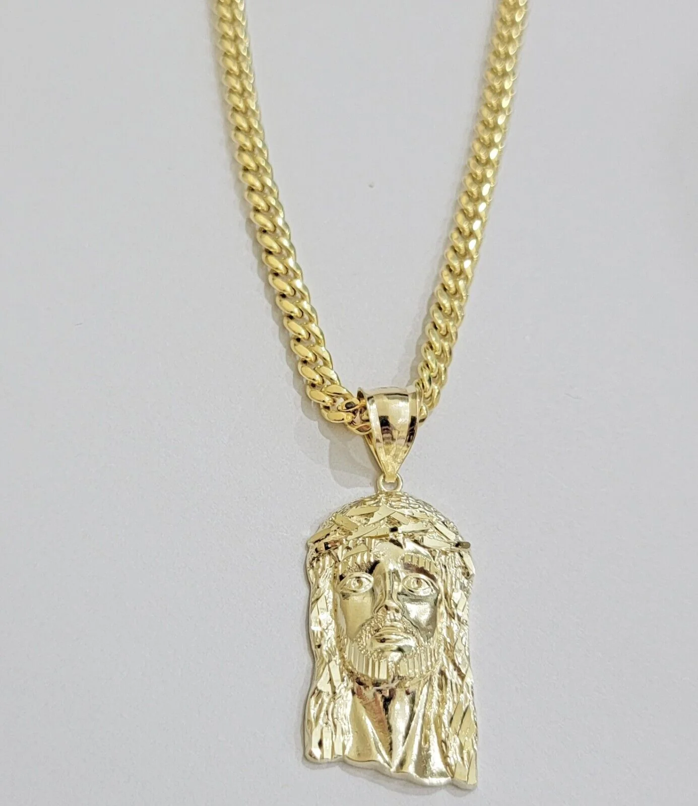 Mens 10k Gold Chain Necklace Charm Pendant SET 4mm Miami Cuban Link, Jesus Face - Image 8