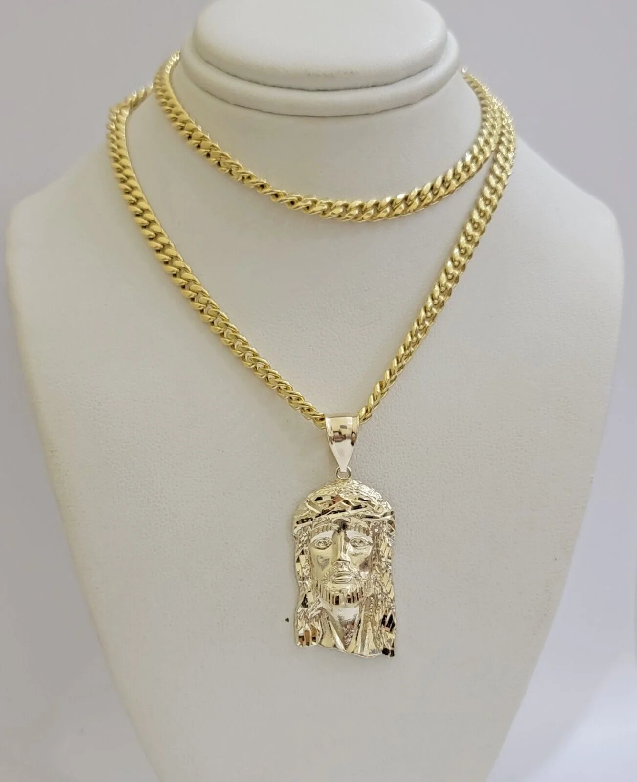 Mens 10k Gold Chain Necklace Charm Pendant SET 4mm Miami Cuban Link, Jesus Face - Image 9