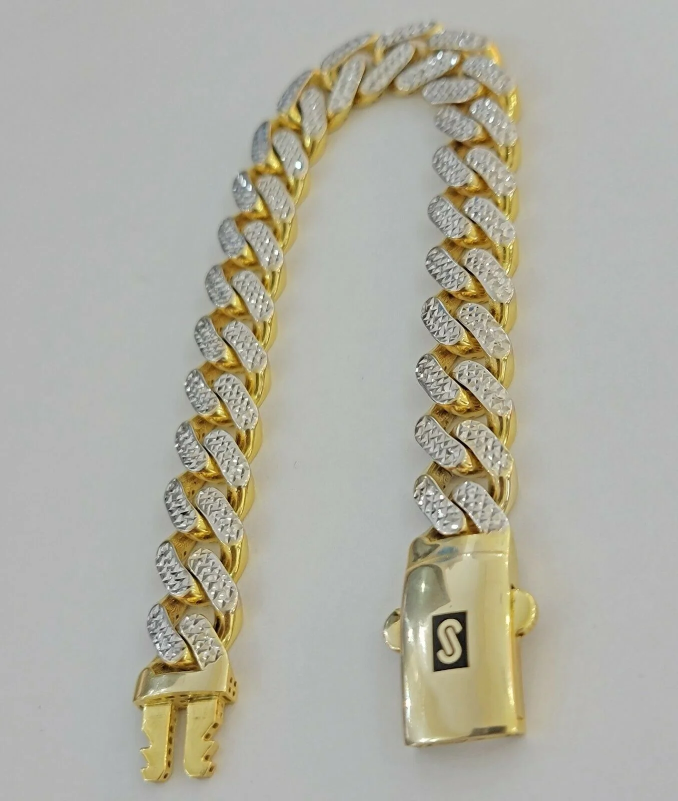 Mens 10k Gold Monaco Bracelet 11mm 8" Two-tone Diamond Cut REAL 10kt Gold SALE - Image 5
