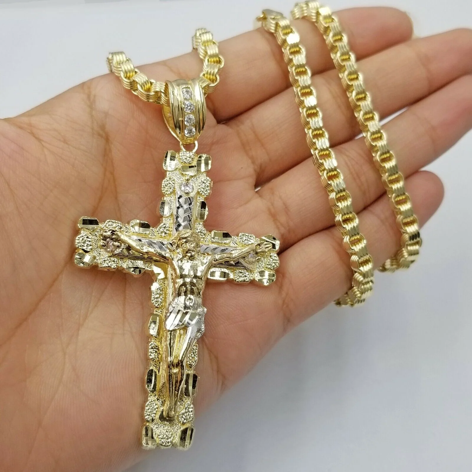 Mens 10k Yellow Gold Cross Charm Diamond Cut Pendant Byzantine Chain in 24" Real - Image 2