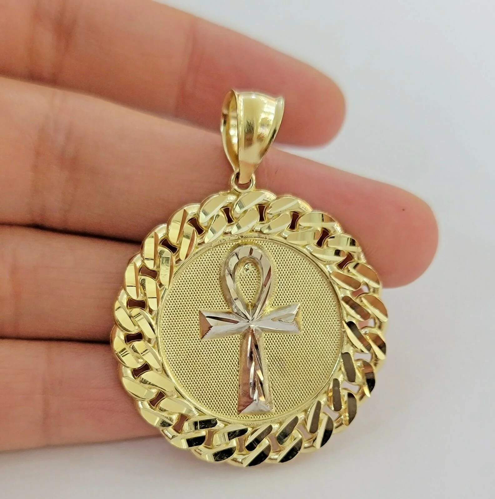 Mens Real 10kt Yellow Gold Ankh Cuban Pendant Charm Medallion Round 10k, Dia Cut - Image 3