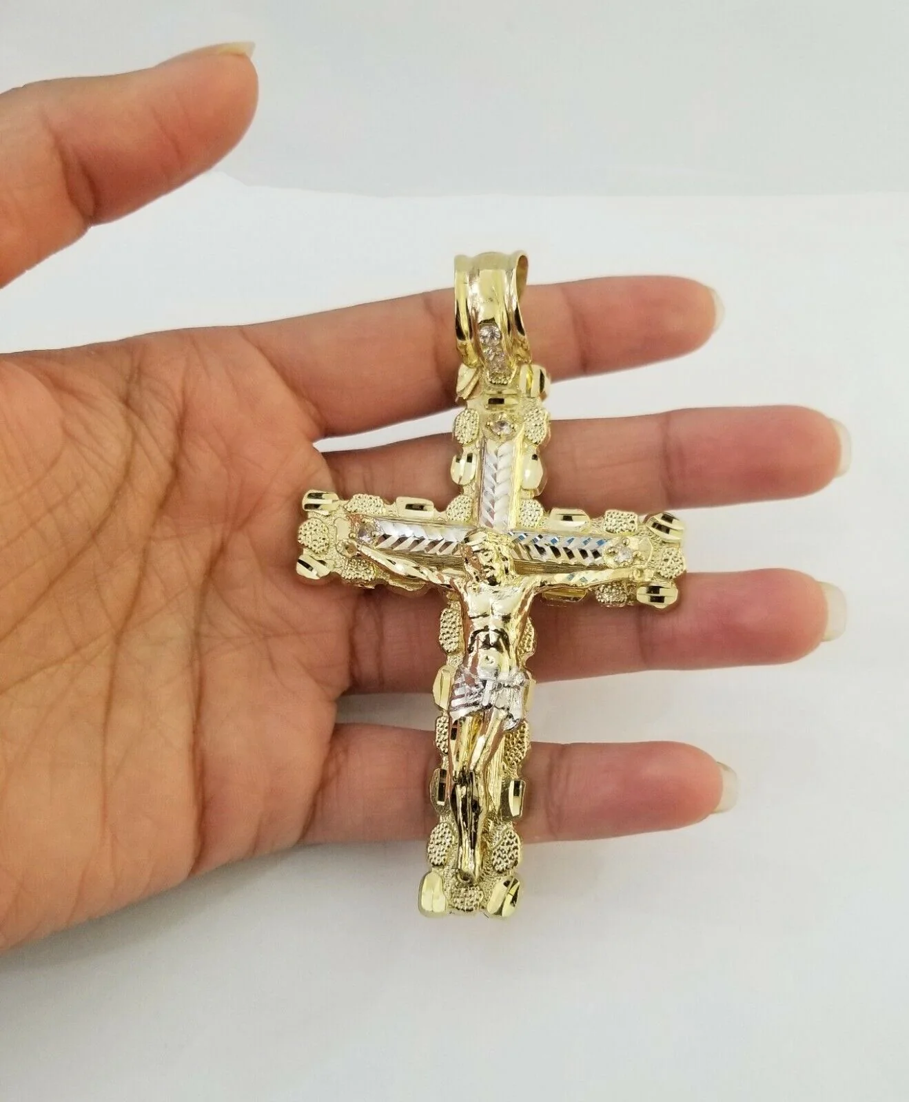 Mens Real10K Gold Nugget Cross Pendant Diamond Cut,10kt yellow Gold Charm - Image 2
