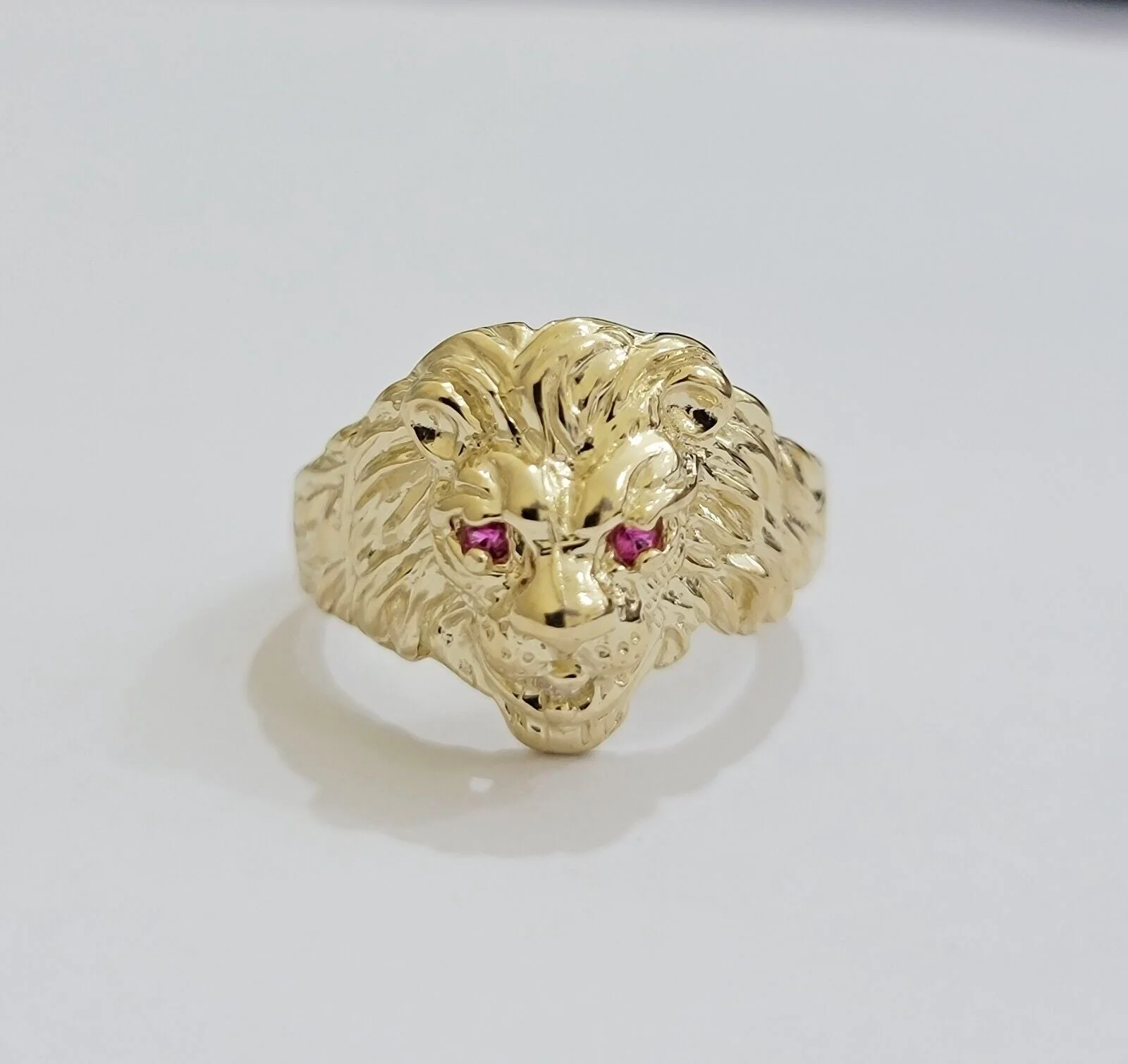 Mens Ring Lion Head REAL 10k Yellow Gold Roaring Lion With Red Eye , 10kt Solid All Sizes