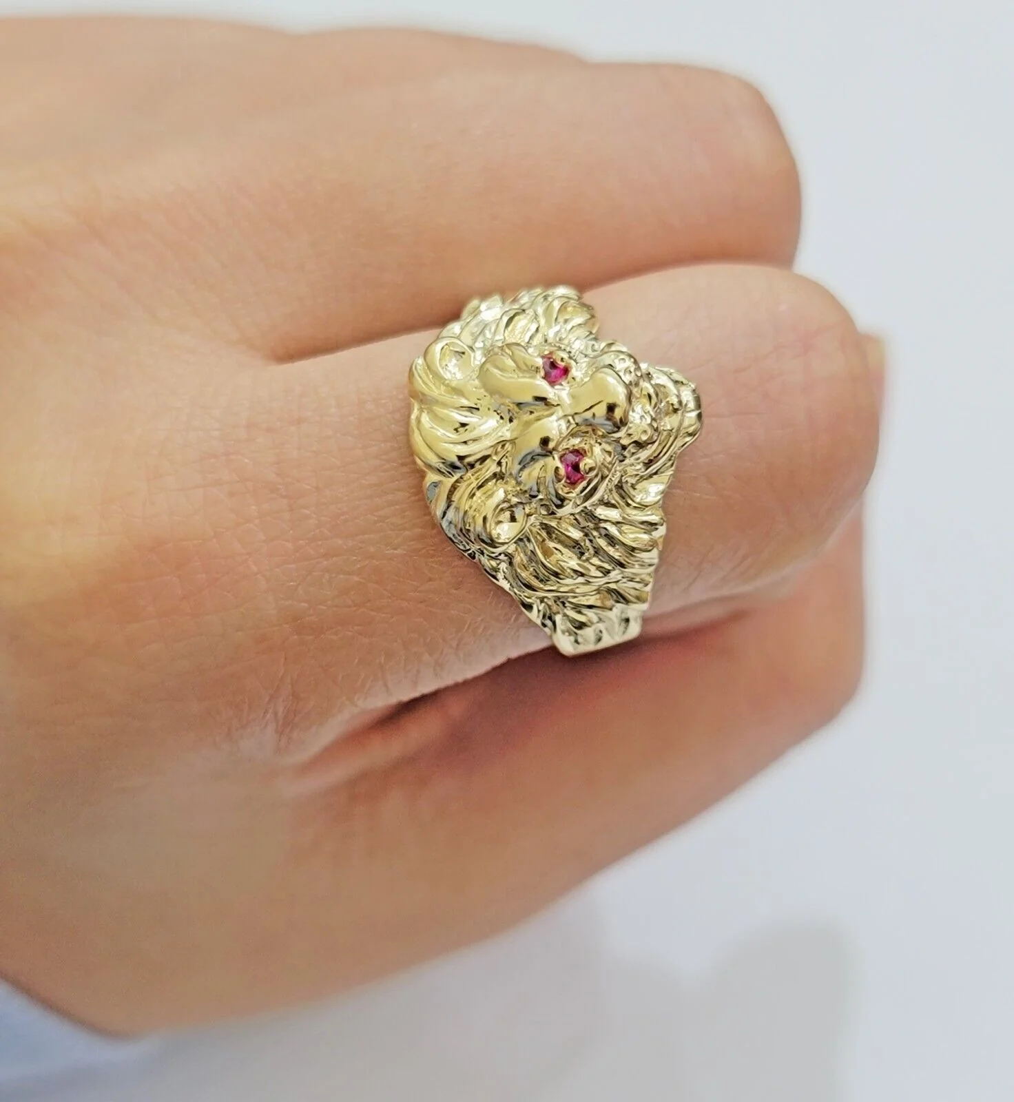 Mens Ring Lion Head REAL 10k Yellow Gold Roaring Lion With Red Eye , 10kt Solid All Sizes - Image 4