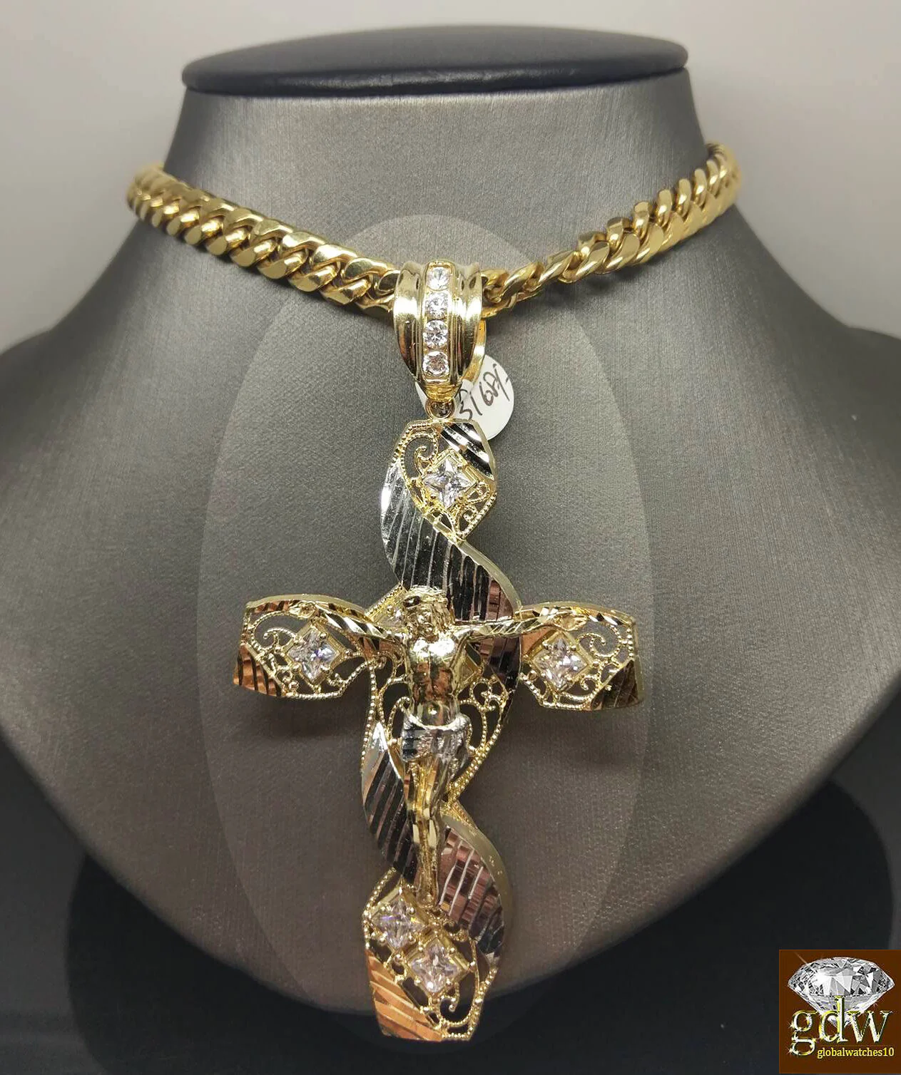New 10k Yellow White Gold Jesus Crucifix Cross Pendent Diamond Cut - Image 3
