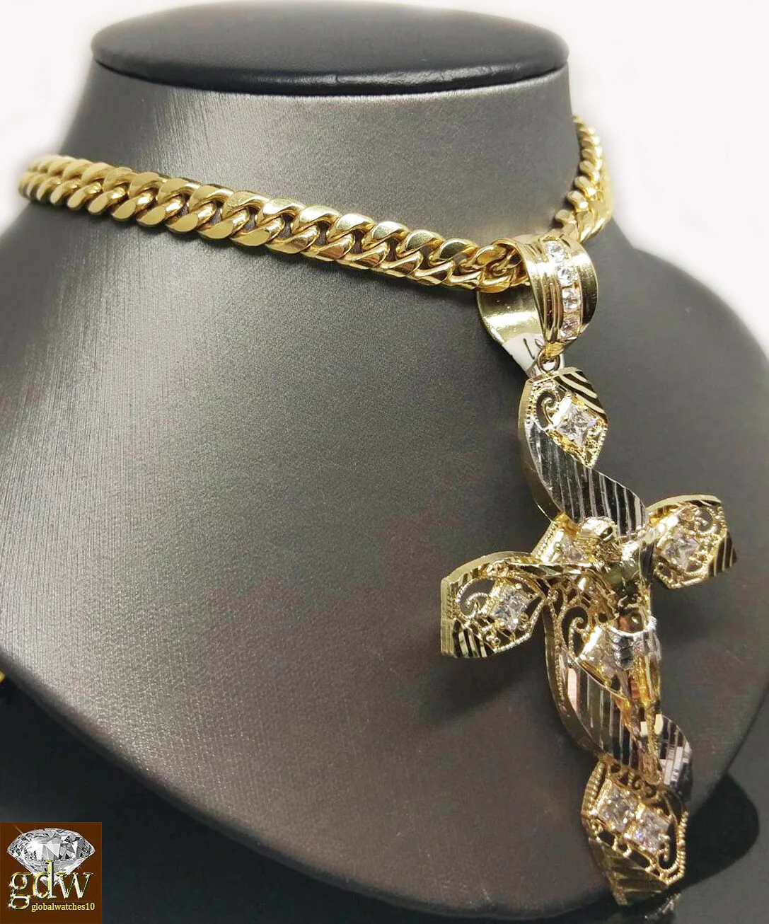 New 10k Yellow White Gold Jesus Crucifix Cross Pendent Diamond Cut - Image 5