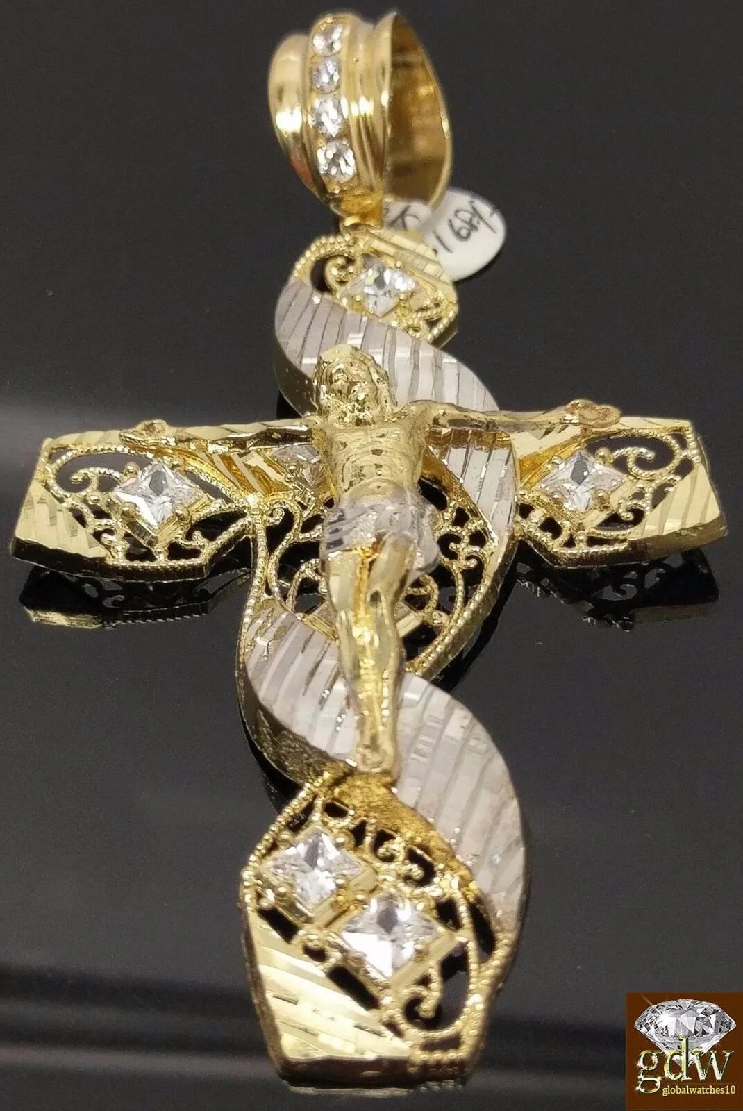 New 10k Yellow White Gold Jesus Crucifix Cross Pendent Diamond Cut - Image 6
