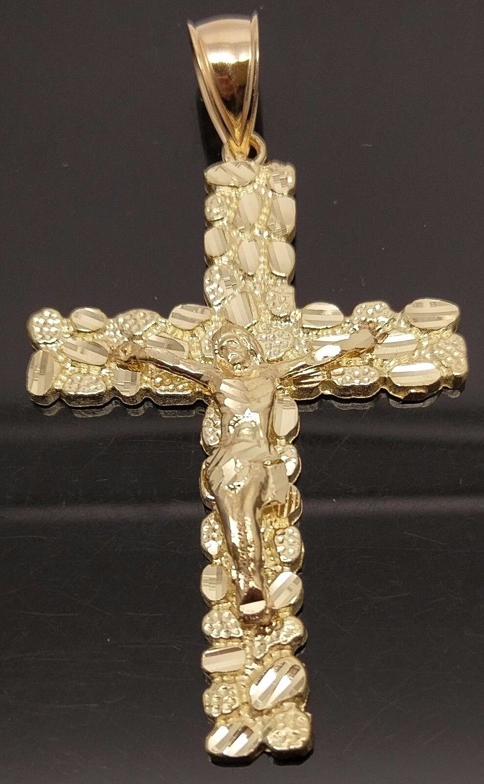 Nugget Style 10K Yellow Gold Men Women Jesus Crucified Cross Pendent - Image 3