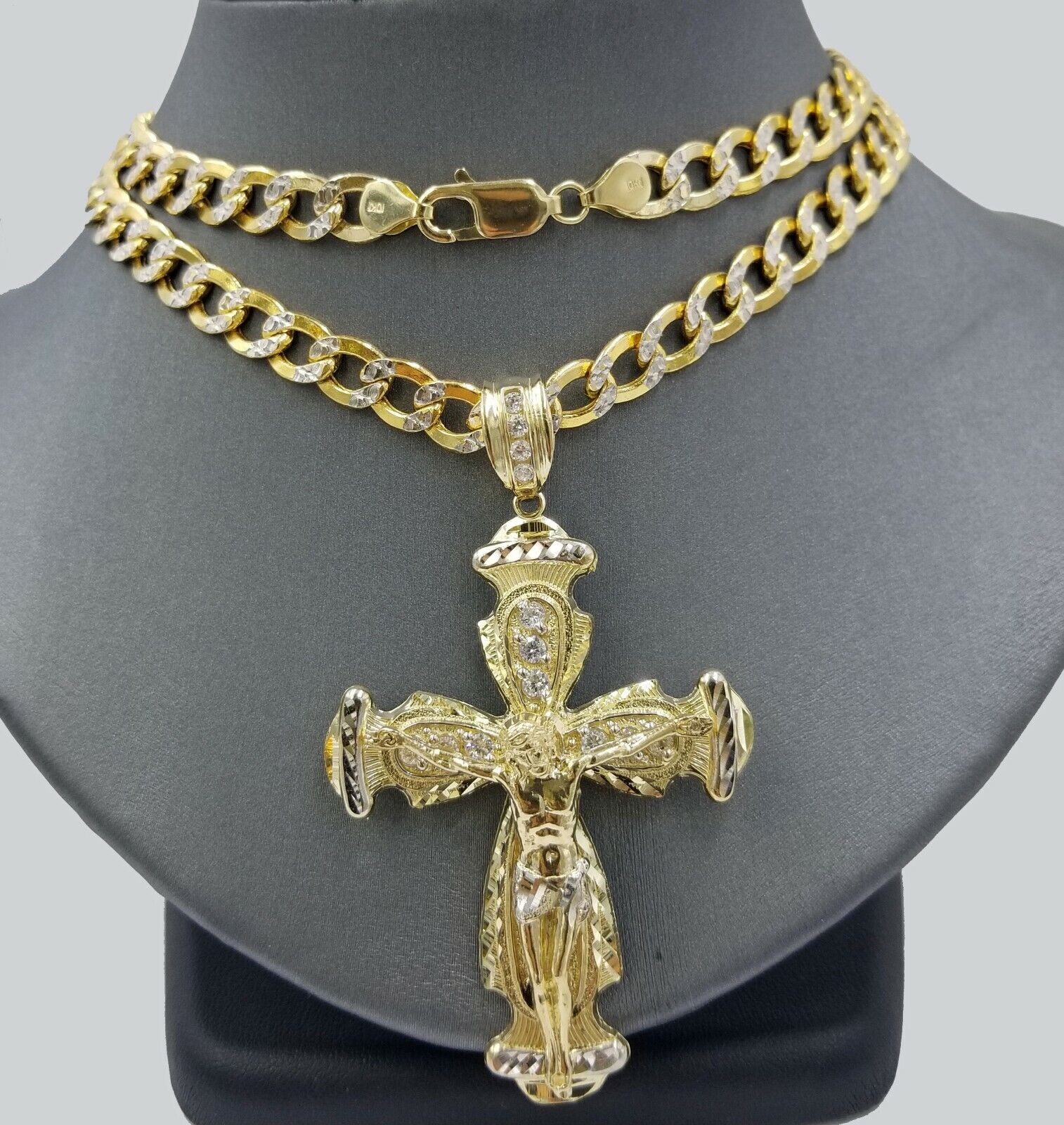 Real 10k Cuban Curb Link Necklace Pendant SET Jesus Crucifix Cross Chain - Image 2