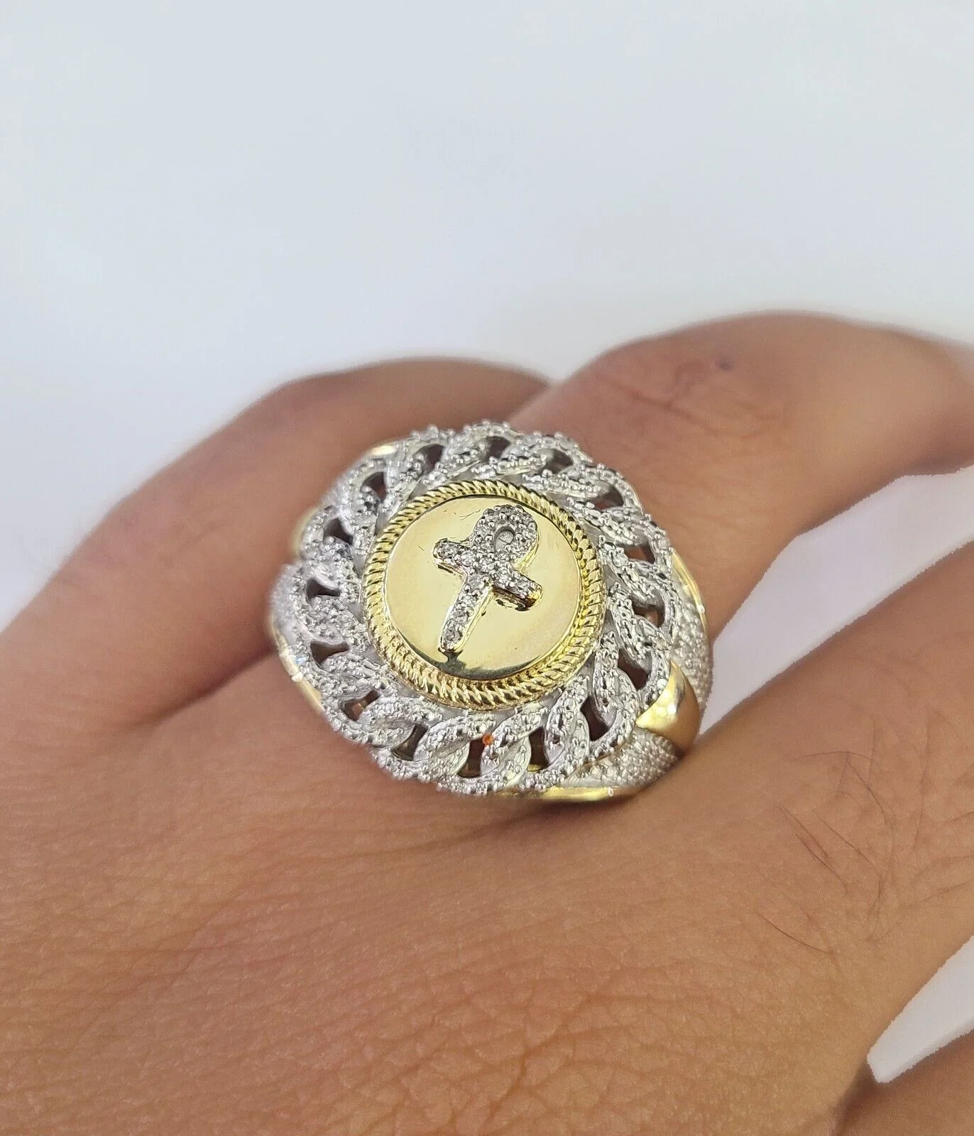 Real 10k Diamond Mens Ring Jesus Cross Band Yellow Gold Casual Genuine Natural - Image 5