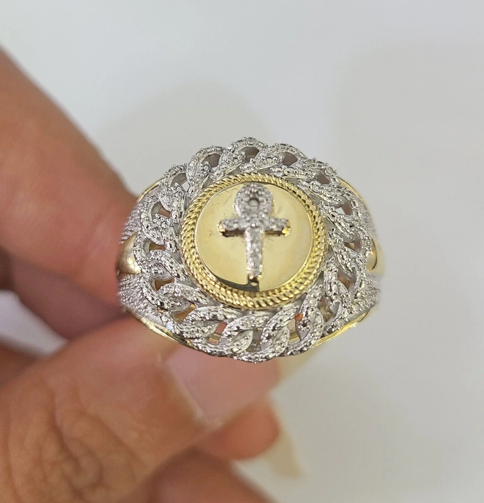 Real 10k Diamond Mens Ring Jesus Cross Band Yellow Gold Casual Genuine Natural - Image 7