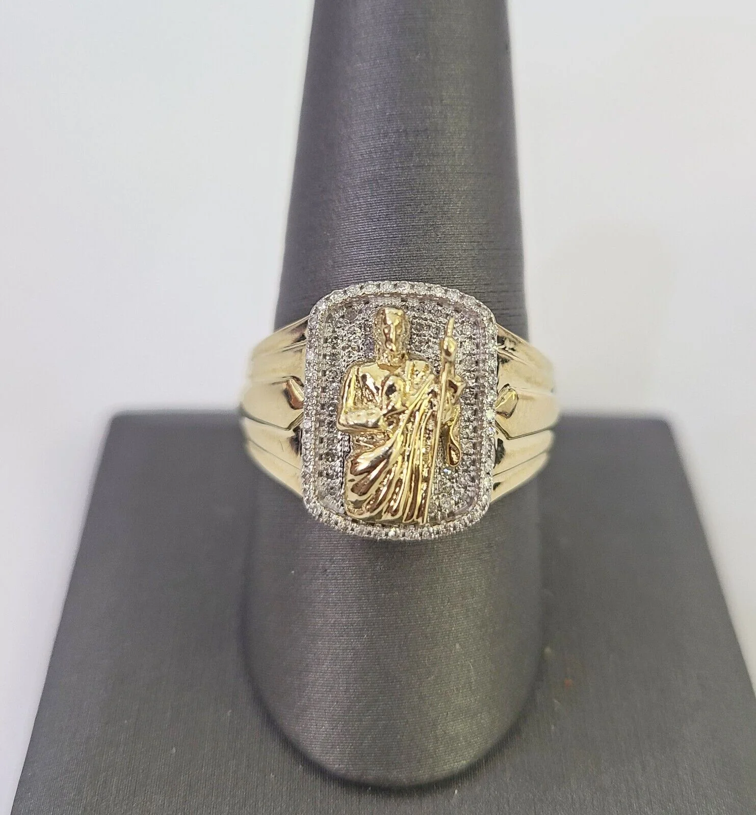 Real 10k Diamond Mens Ring Saint Jude Band Yellow Gold Casual Genuine Natural - Image 2