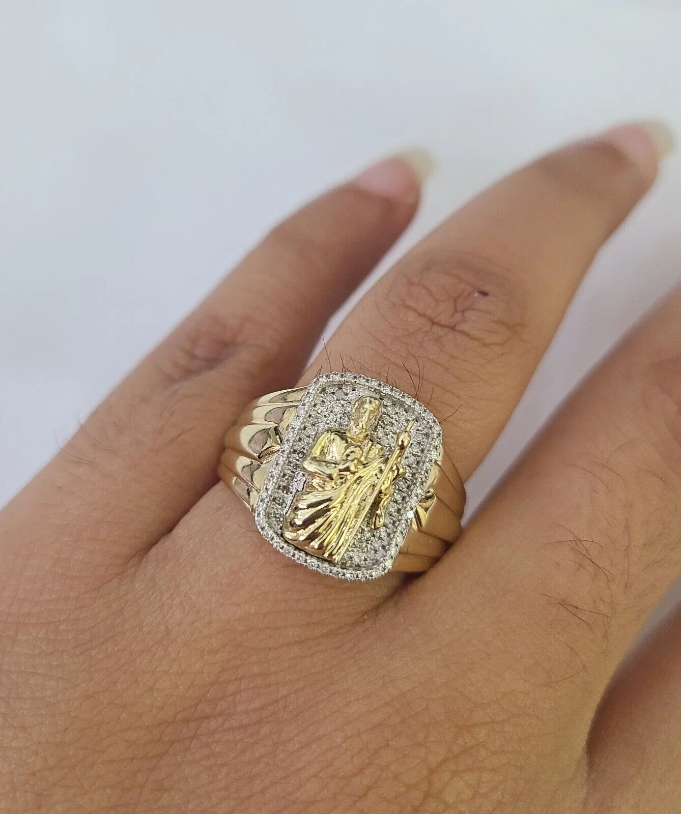 Real 10k Diamond Mens Ring Saint Jude Band Yellow Gold Casual Genuine Natural - Image 4