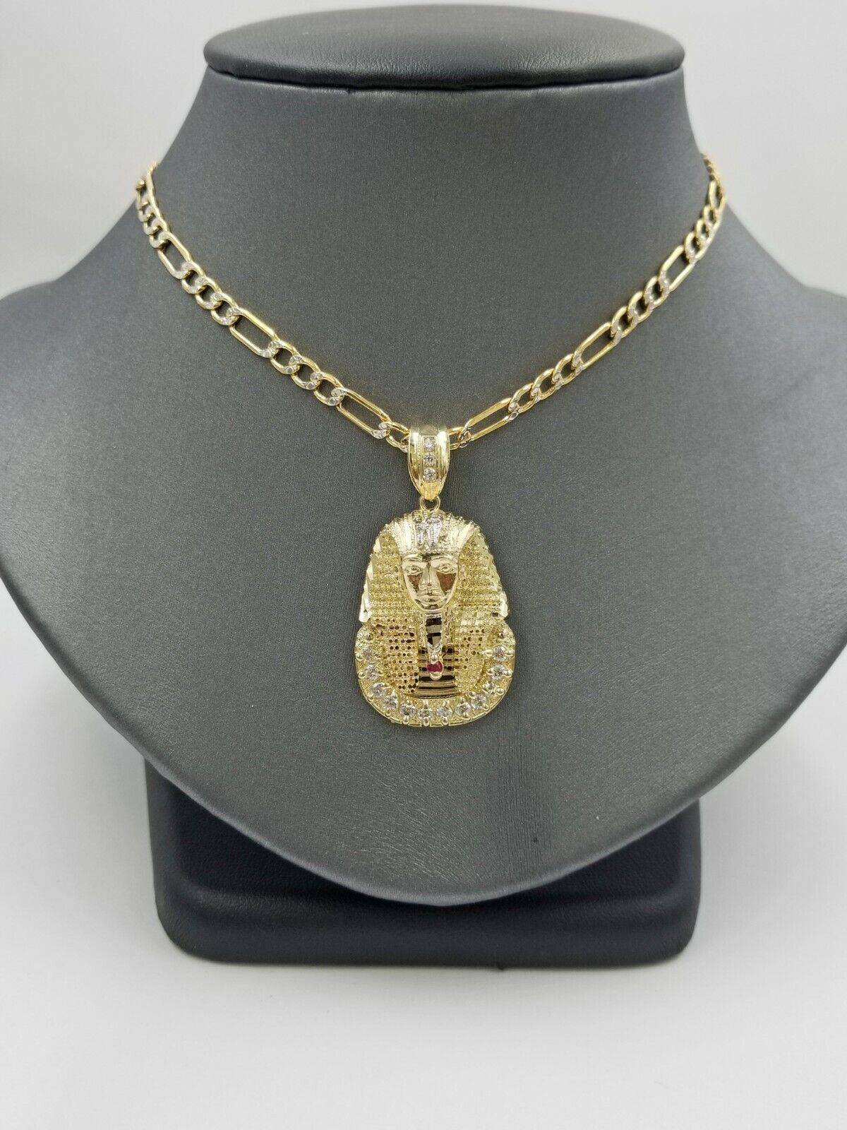 Real 10k Figaro Chain 24" Inch Diamond Cut 1.5 Inch Pharaoh Head Charm Pendant - Image 2