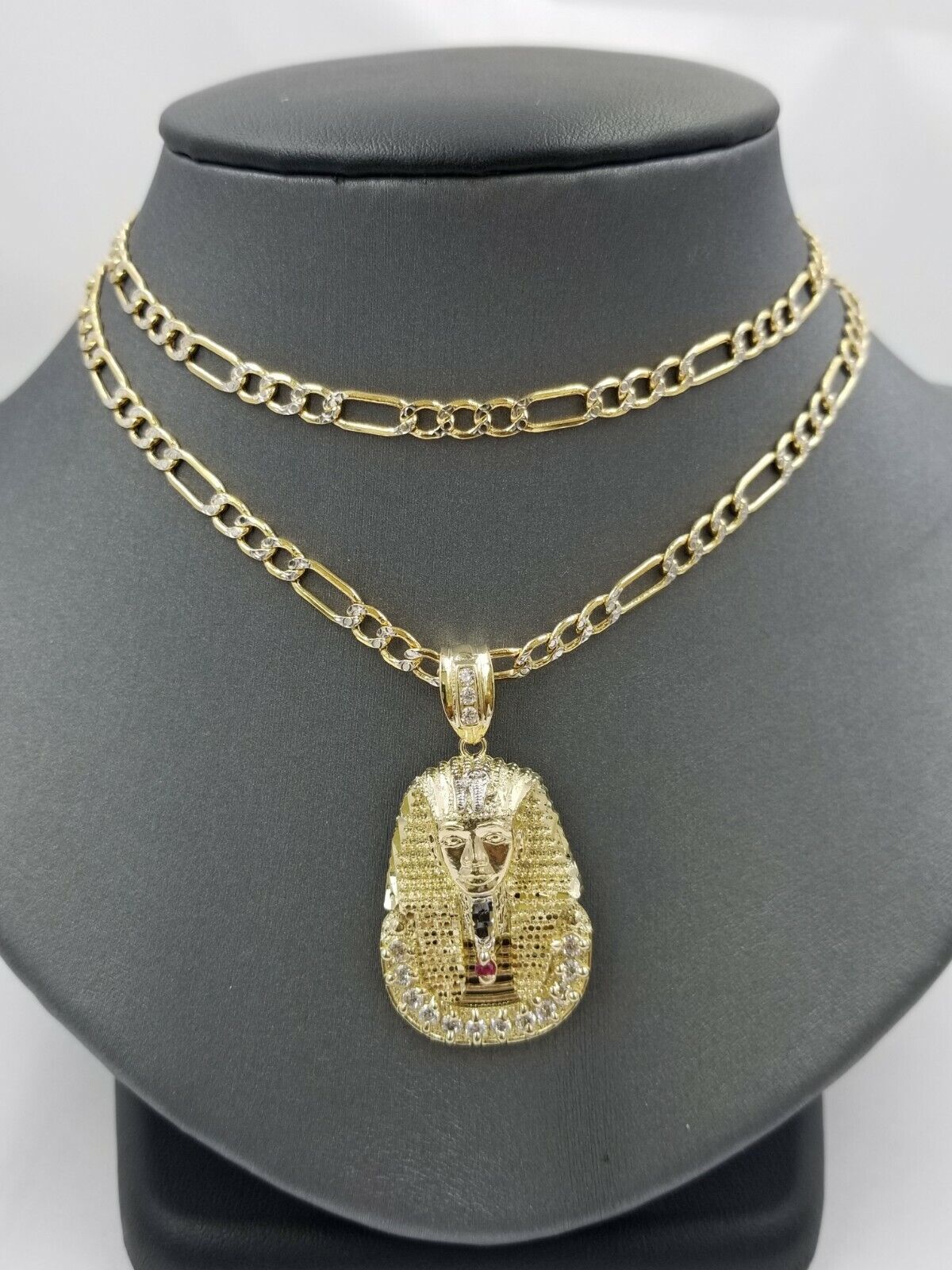 Real 10k Figaro Chain 24" Inch Diamond Cut 1.5 Inch Pharaoh Head Charm Pendant - Image 6
