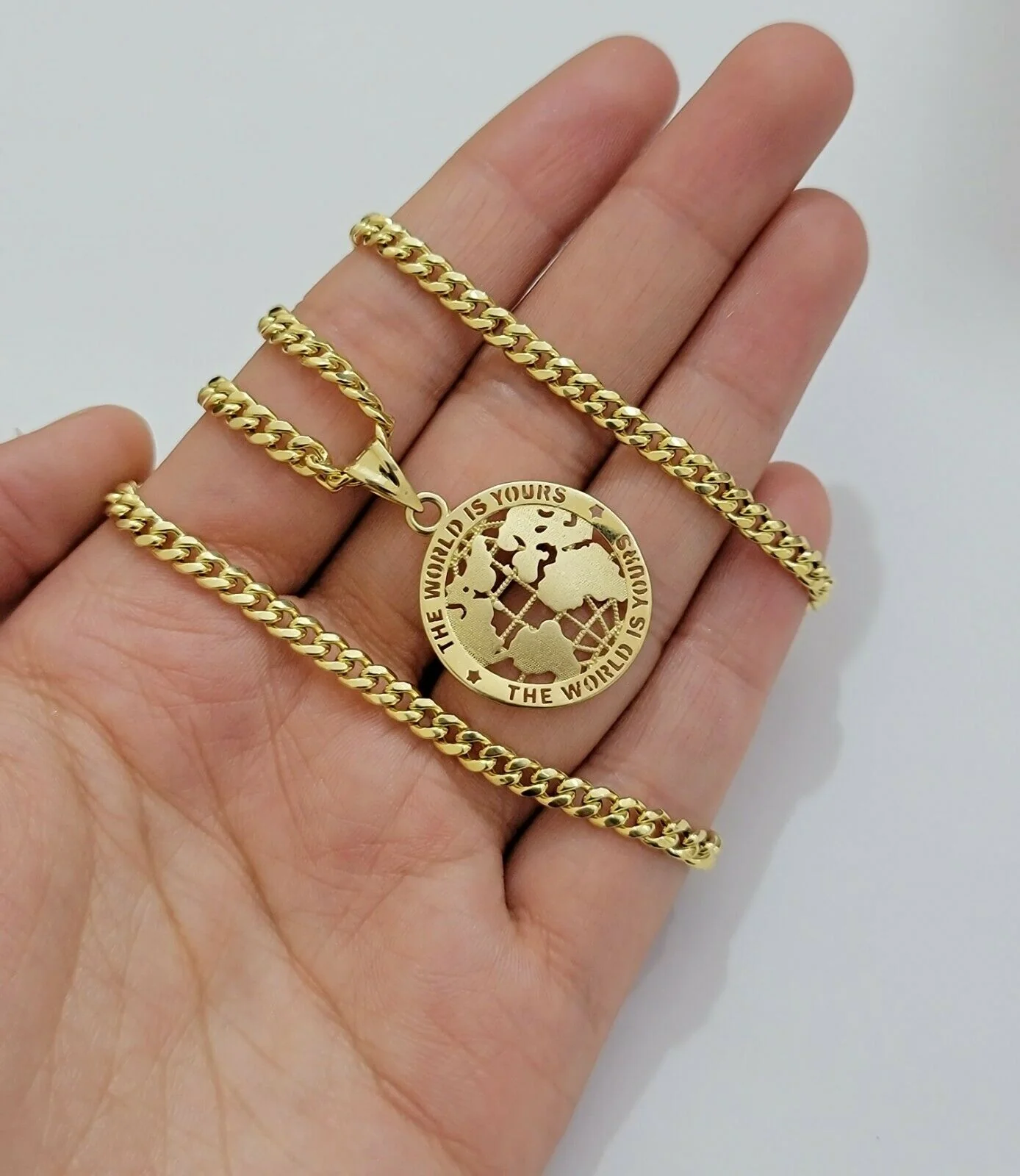 Real 10k Gold 22" Miami Cuban Link Chain Pendant Set 3.5mm Necklace World Charm - Image 6