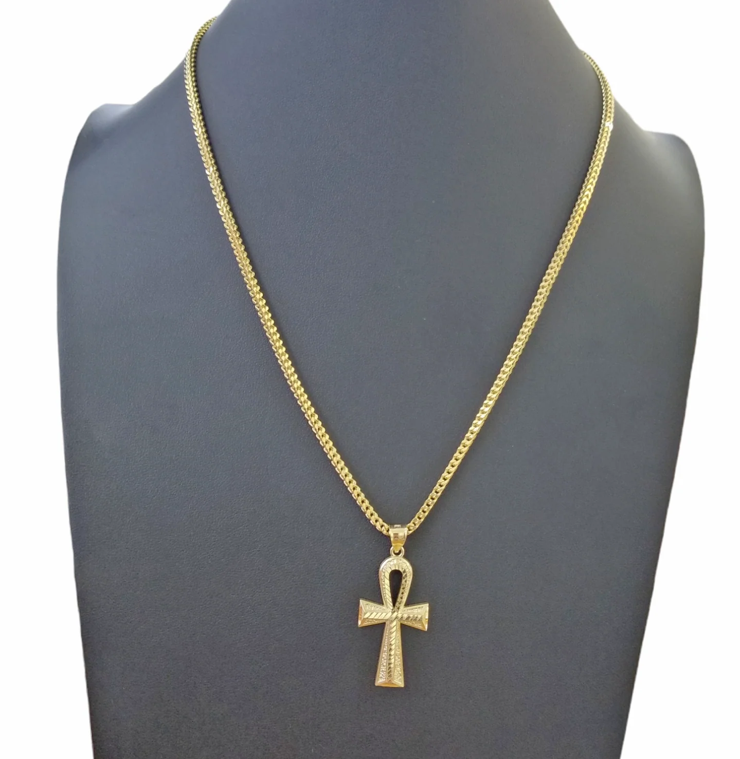 Real 10k Gold Ankh Cross Egyptian Symbol Pendent 3mm Franco Chain 18"-28" Inch - Image 5