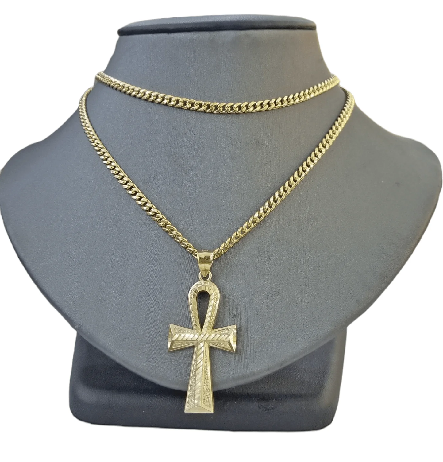 Real 10k Gold Ankh Cross Pendent 4mm Cuban Link Chain 18"20' 22" 24" 26" SET - Image 2