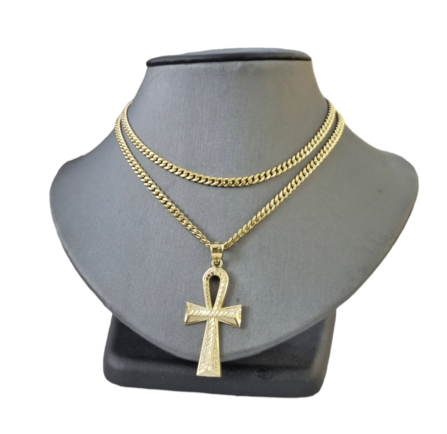 Real 10k Gold Ankh Cross Pendent 4mm Cuban Link Chain 18"20' 22" 24" 26" SET - Image 3