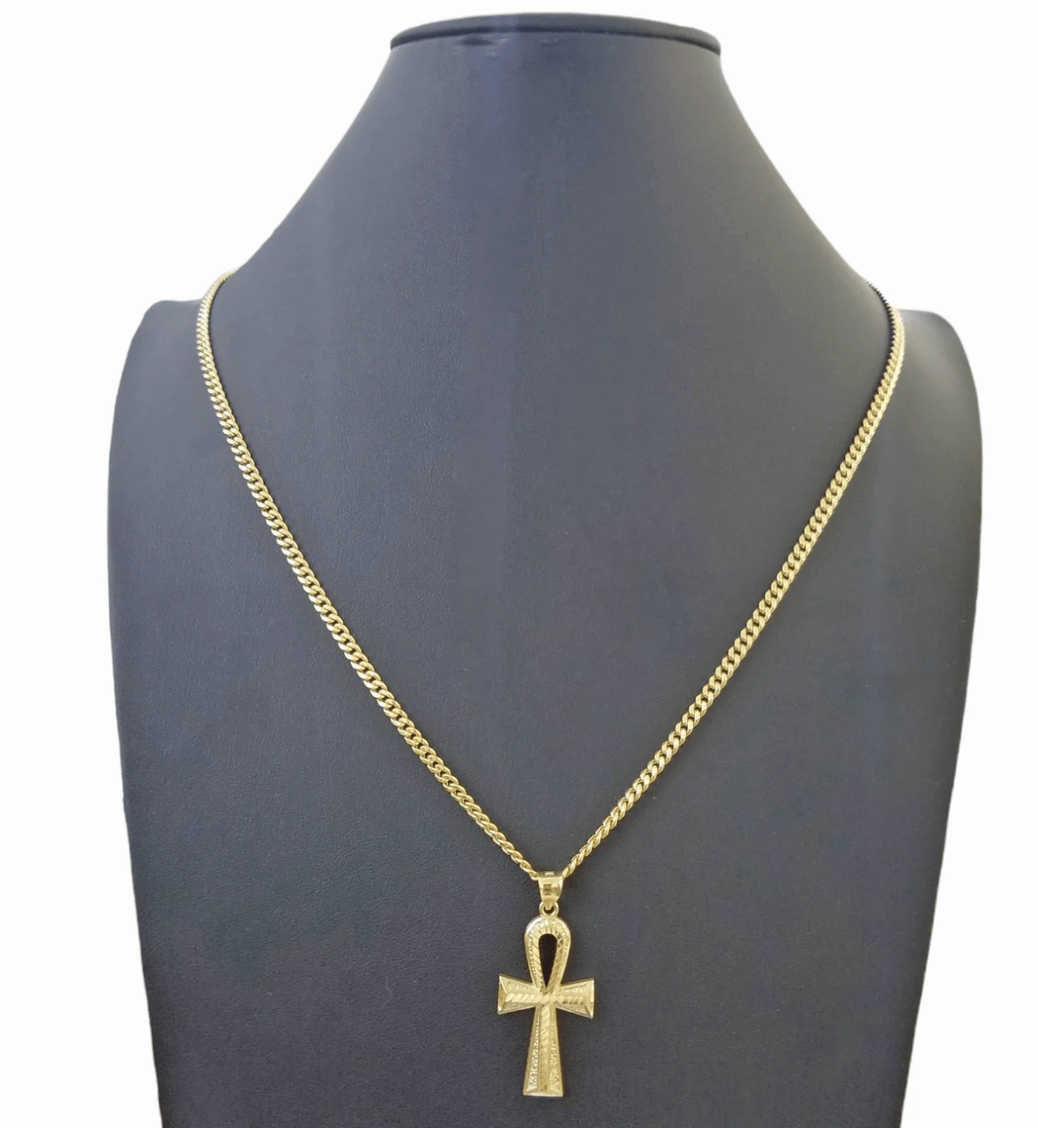Real 10k Gold Ankh Cross Pendent 4mm Cuban Link Chain 18"20' 22" 24" 26" SET - Image 4