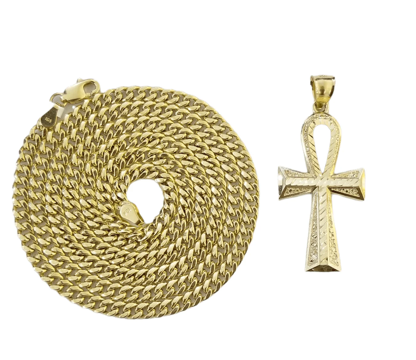 Real 10k Gold Ankh Cross Pendent 4mm Cuban Link Chain 18"20' 22" 24" 26" SET - Image 6