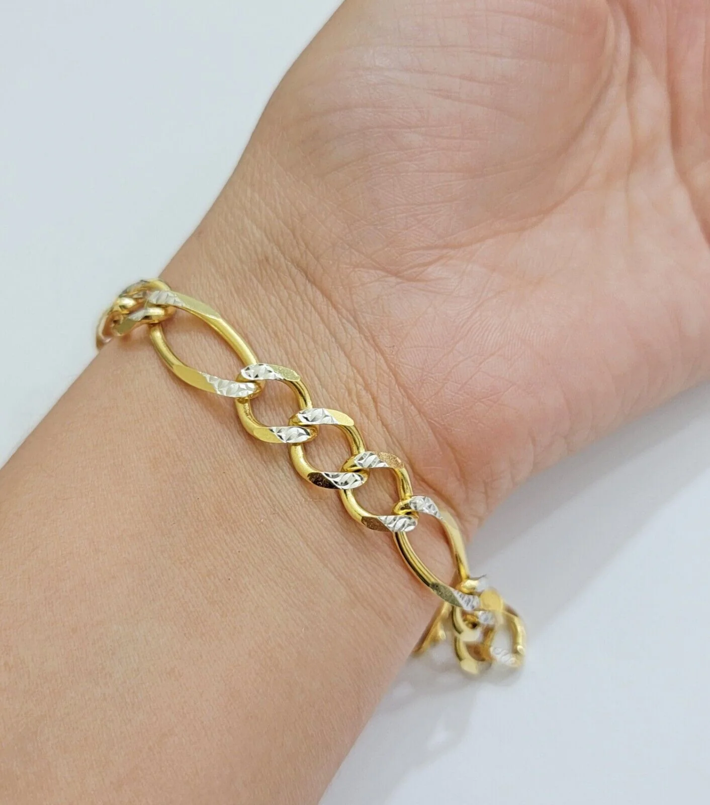 REAL 10k Gold Bracelet Figaro Link Solid Yellow Gold 8.5" 9mm Two-tone Diamond - Image 2
