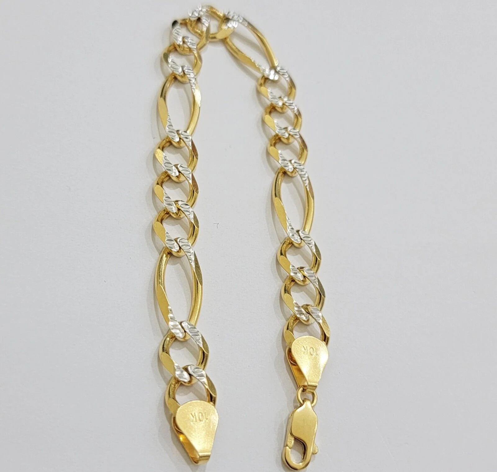 REAL 10k Gold Bracelet Figaro Link Solid Yellow Gold 8.5" 9mm Two-tone Diamond - Image 3