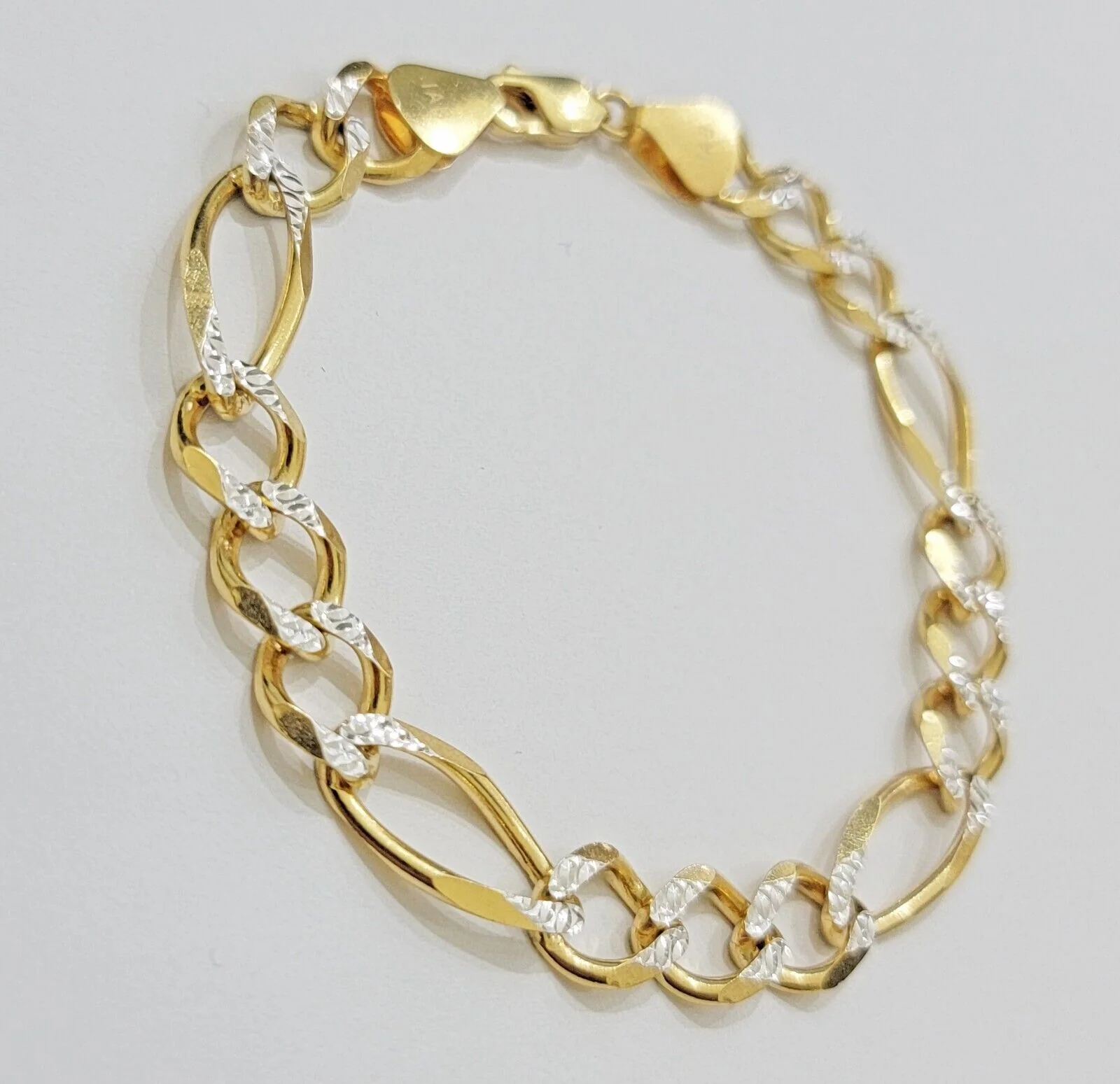 REAL 10k Gold Bracelet Figaro Link Solid Yellow Gold 8.5" 9mm Two-tone Diamond - Image 4