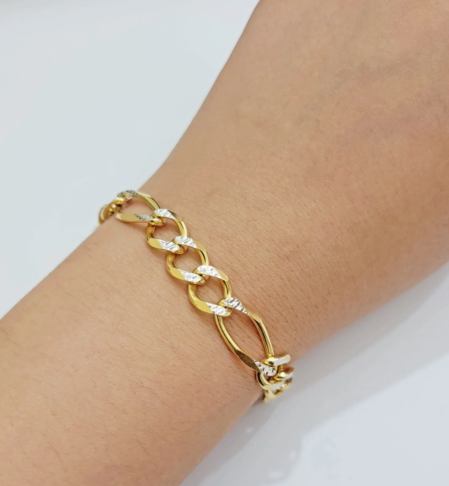 REAL 10k Gold Bracelet Figaro Link Solid Yellow Gold 8.5" 9mm Two-tone Diamond - Image 5