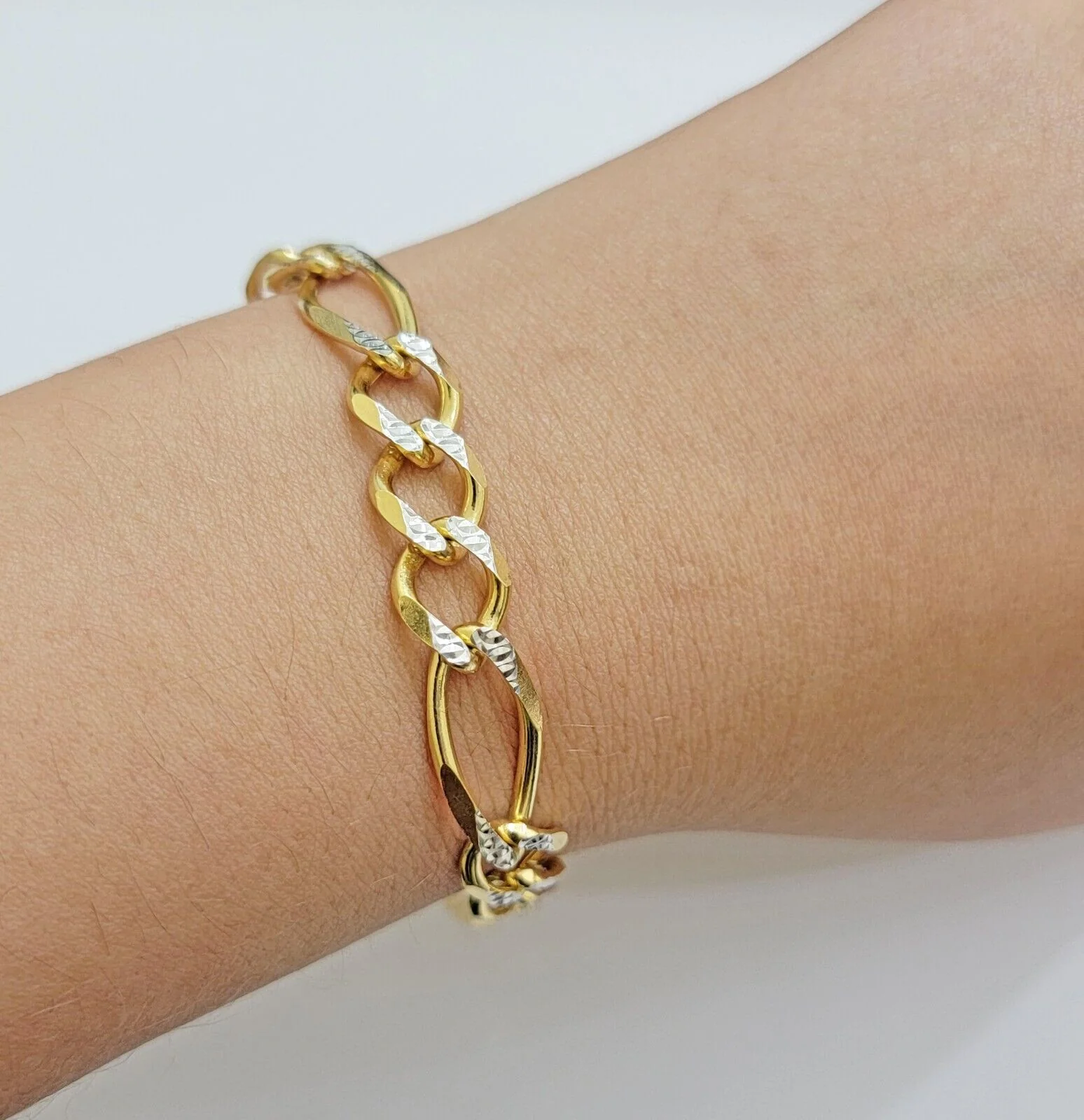 REAL 10k Gold Bracelet Figaro Link Solid Yellow Gold 8.5" 9mm Two-tone Diamond - Image 7