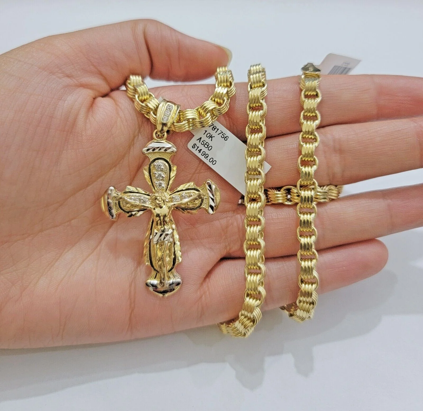 REAL 10k Gold byzantine Chain Cross Pendant Set 5mm Necklace & Jesus Crucifix - Image 2