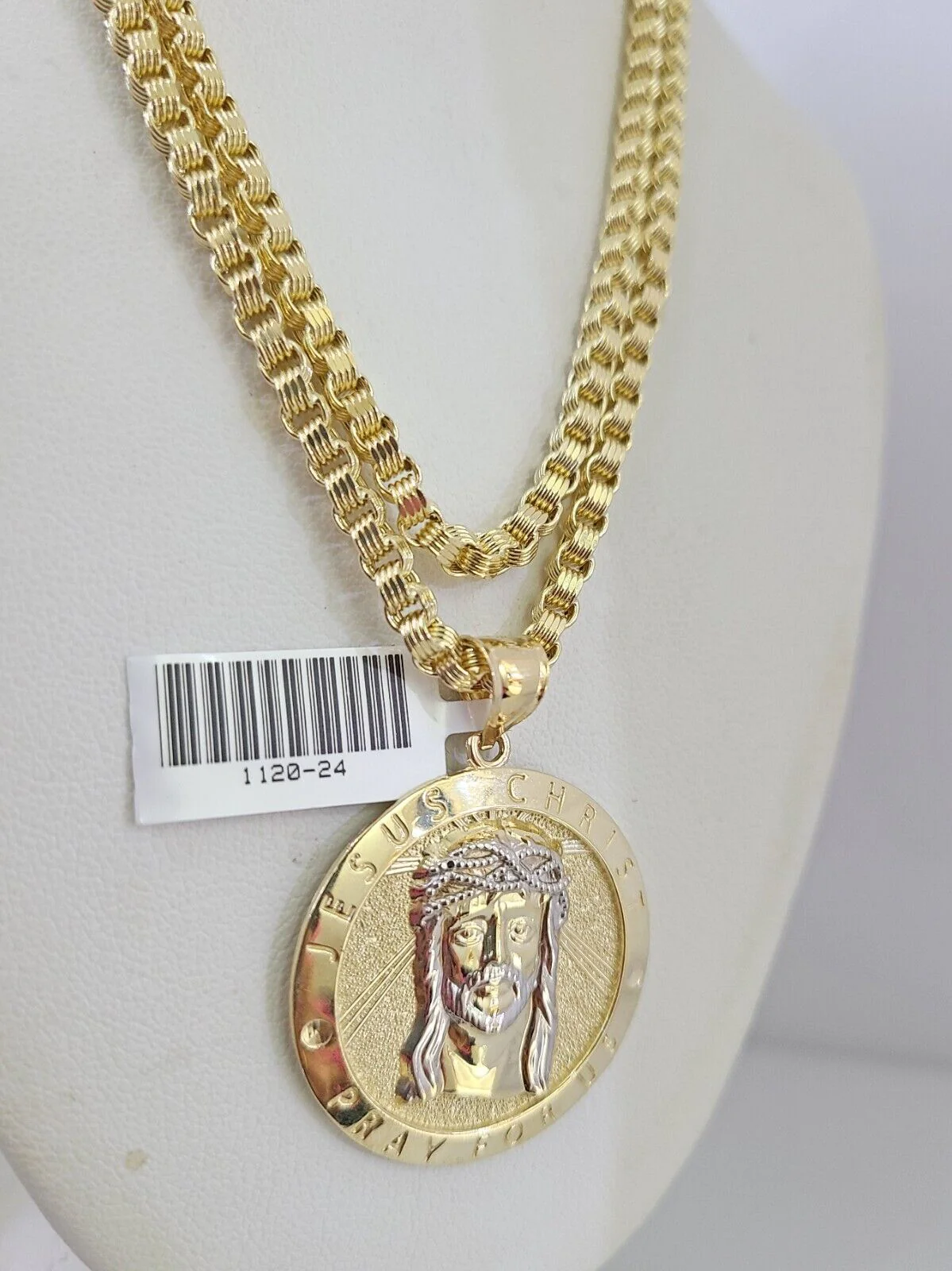 Real 10k Gold Byzantine Chain Jesus Charm Pendant SET 3mm 22 Inch Men's Necklace - Image 2