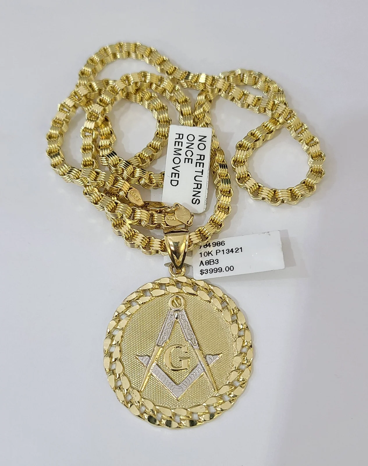 Real 10k Gold Byzantine Necklace Masonic Pendant Charm SET Chain 20"-30" 4mm - Image 2