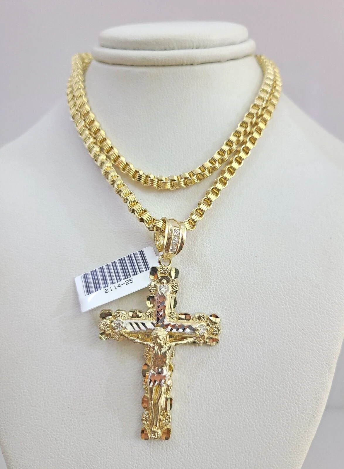 Real 10k Gold Byzantine Necklace Nugget Cross Charm SET Chain 20-30" 3mm Pendant - Image 6