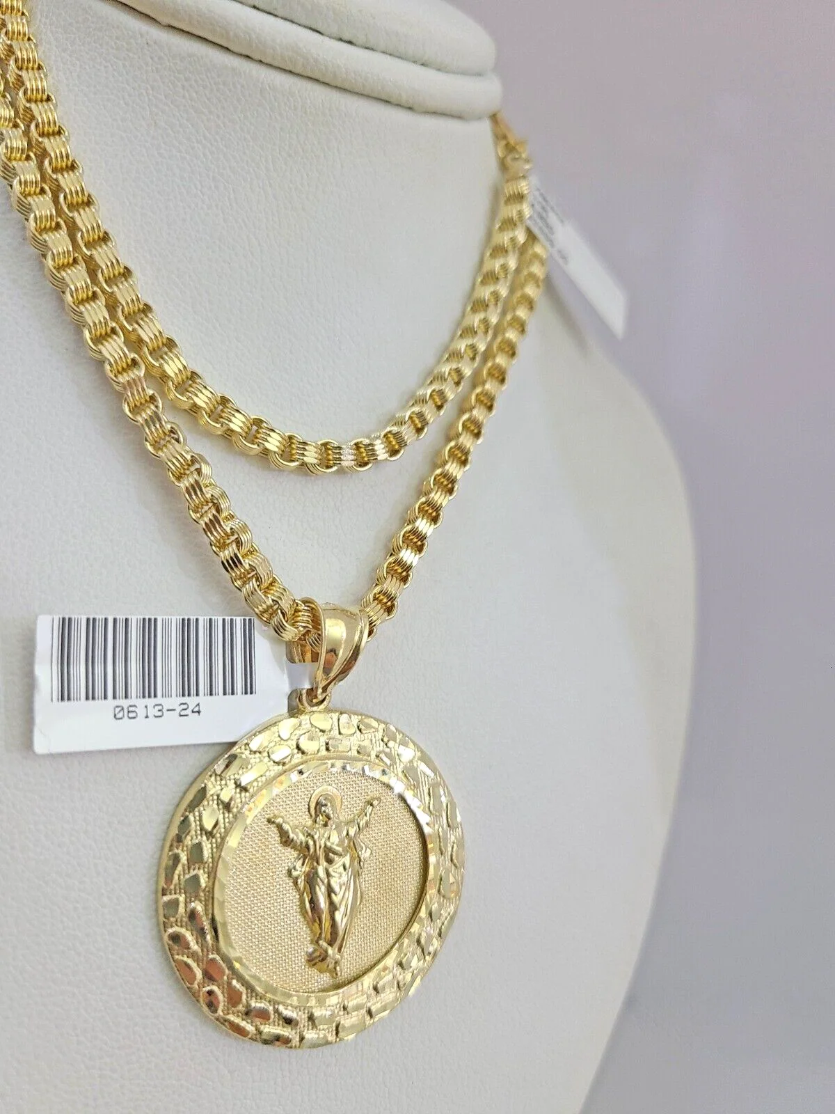 Real 10k Gold Byzantine Necklace Nugget Jesus Charm SET Chain 20-30" 3mm Pendant - Image 3
