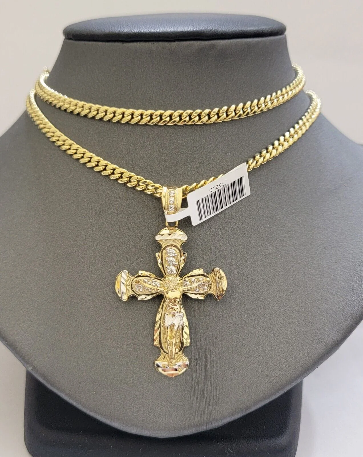 Real 10k Gold Chain Charm Set Cross Pendant Miami Cuban link Necklace 5mm 18-28" - Image 3