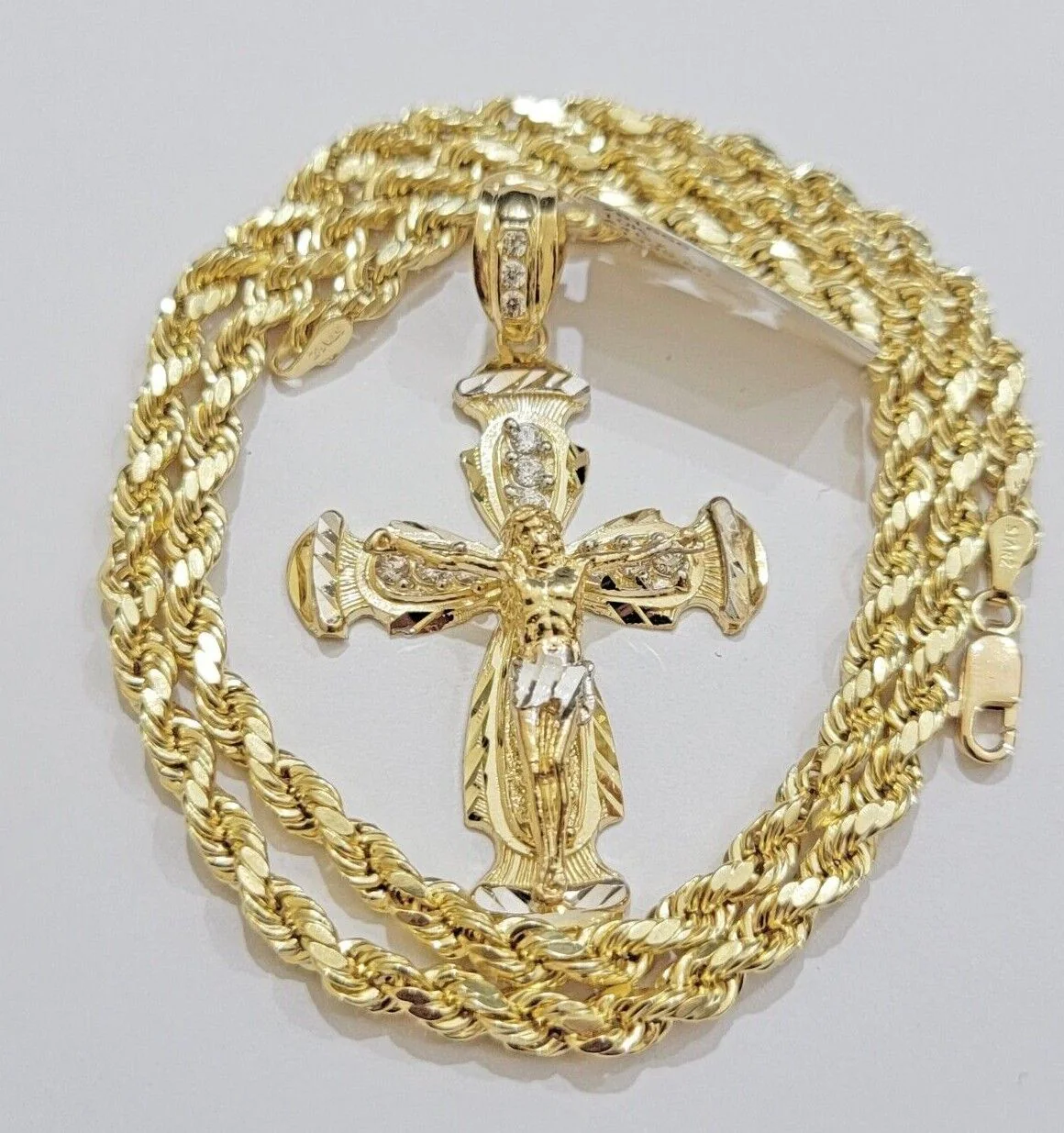Real 10k Gold Chain Charm Set Jesus Cross Pendant Rope Necklace 5mm 18"-28" Mens - Image 2