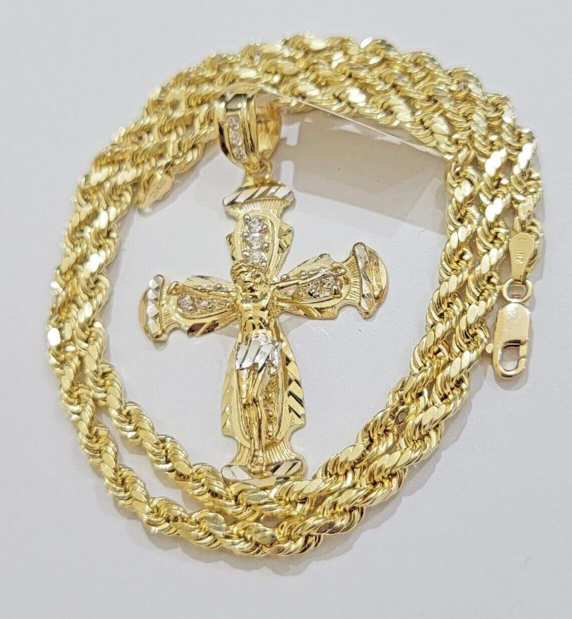 Real 10k Gold Chain Charm Set Jesus Cross Pendant Rope Necklace 5mm 18"-28" Mens - Image 7