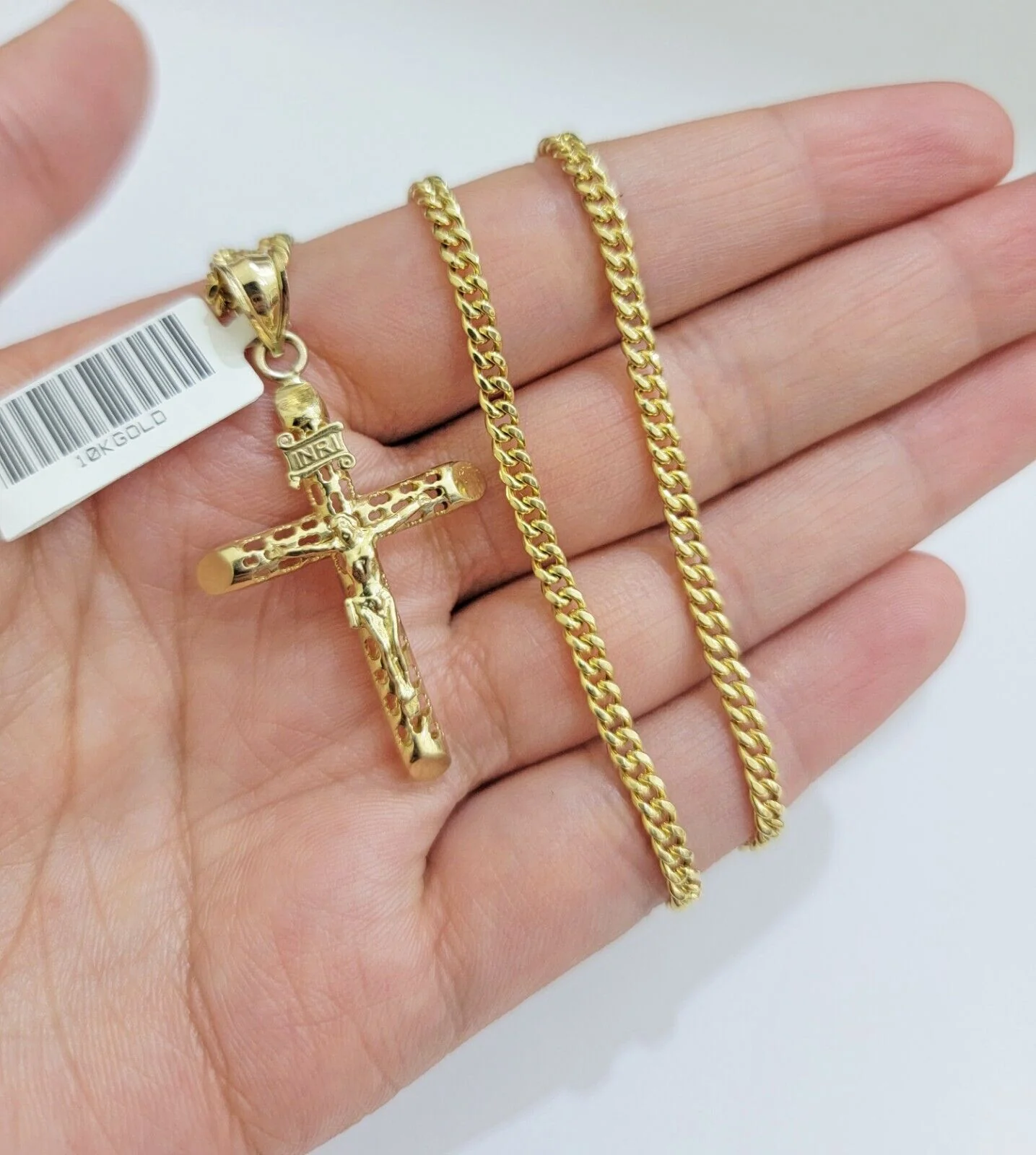 Real 10k Gold Chain Jesus Cross Charm Pendant SET 3mm Miami Cuban Link Necklace - Image 6