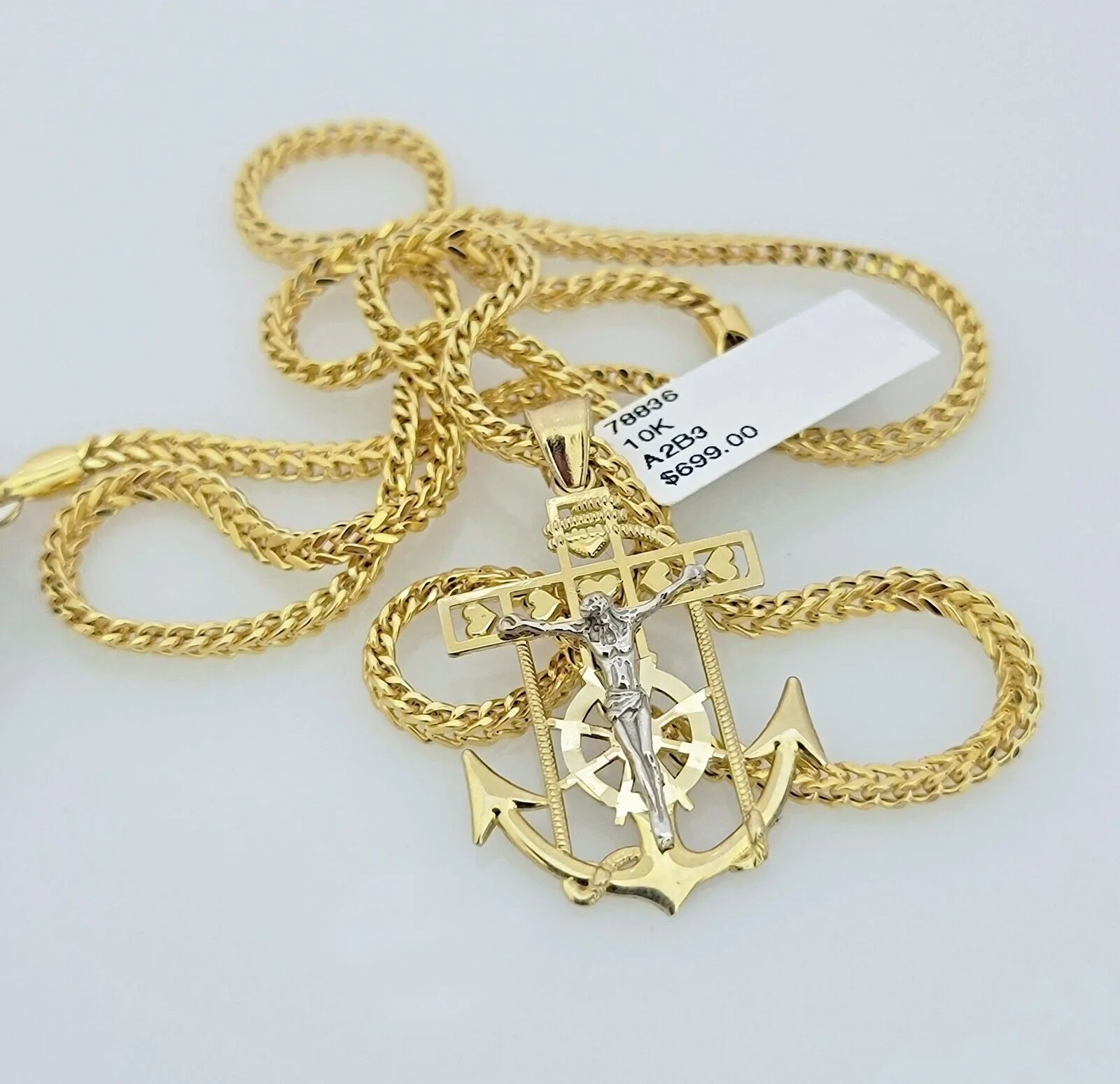 Real 10k Gold Chain Pendant Set Franco Necklace Anchor Cross Charm 2.5mm 18"-24" - Image 2