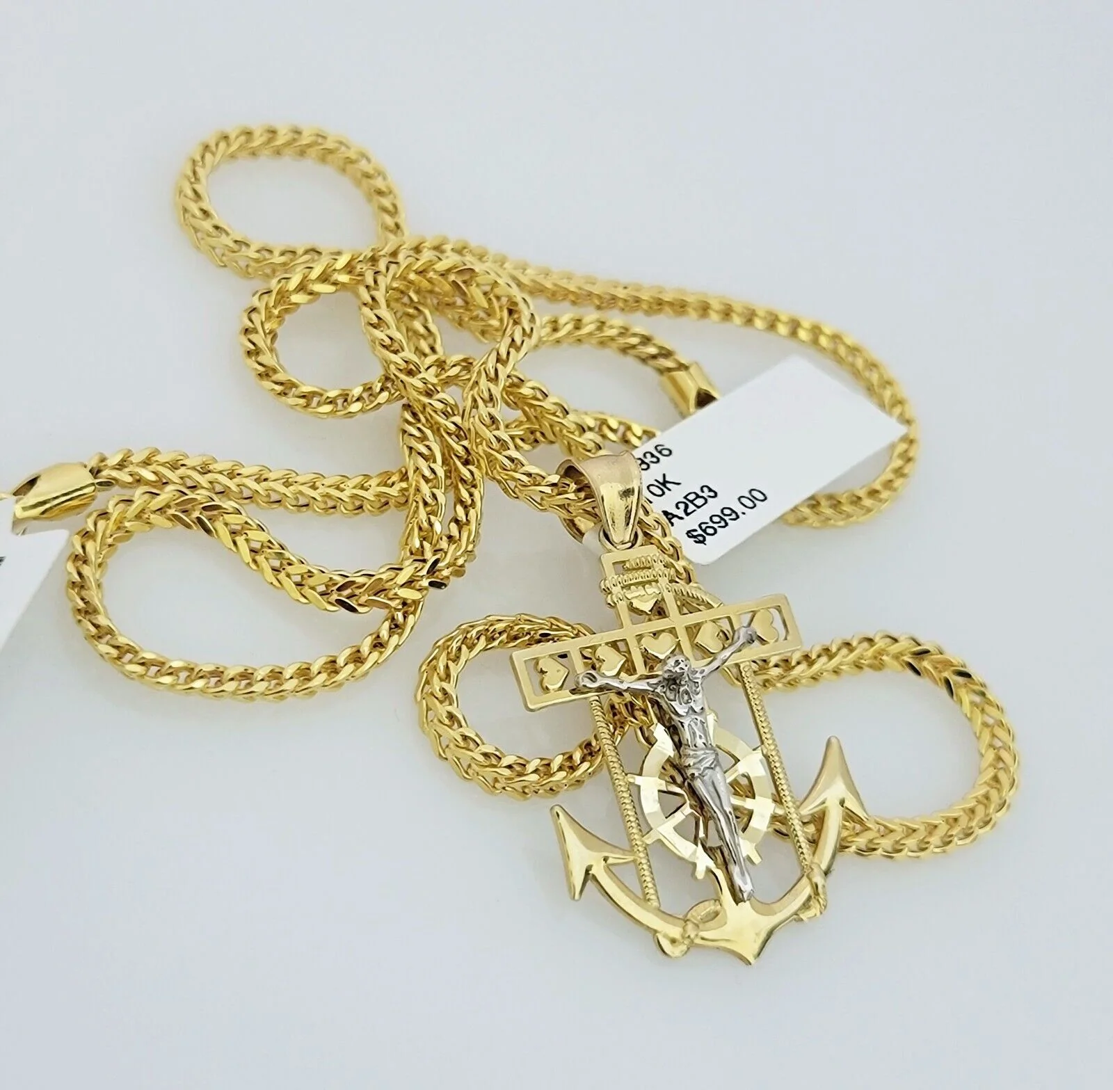 Real 10k Gold Chain Pendant Set Franco Necklace Anchor Cross Charm 2.5mm 18"-24" - Image 4