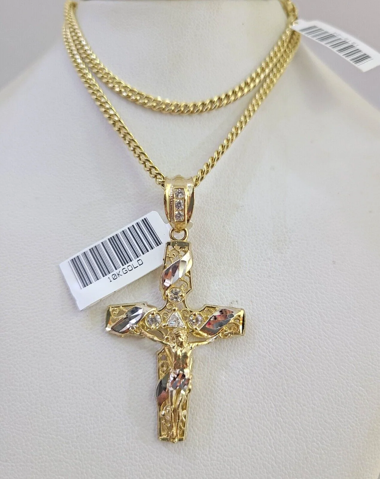 Real 10k Gold Chain Pendant SET Jesus Cross Charm Miami Cuban Link Necklace 2mm - Image 2